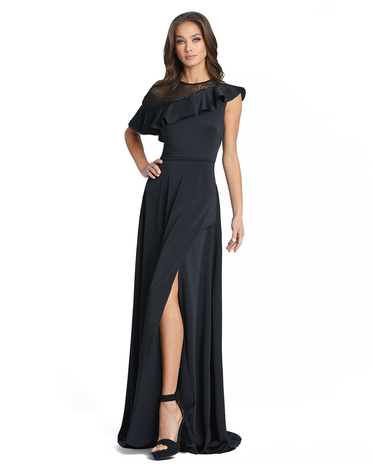 Illusion Ruffled Drop Shoulder A Line Gown