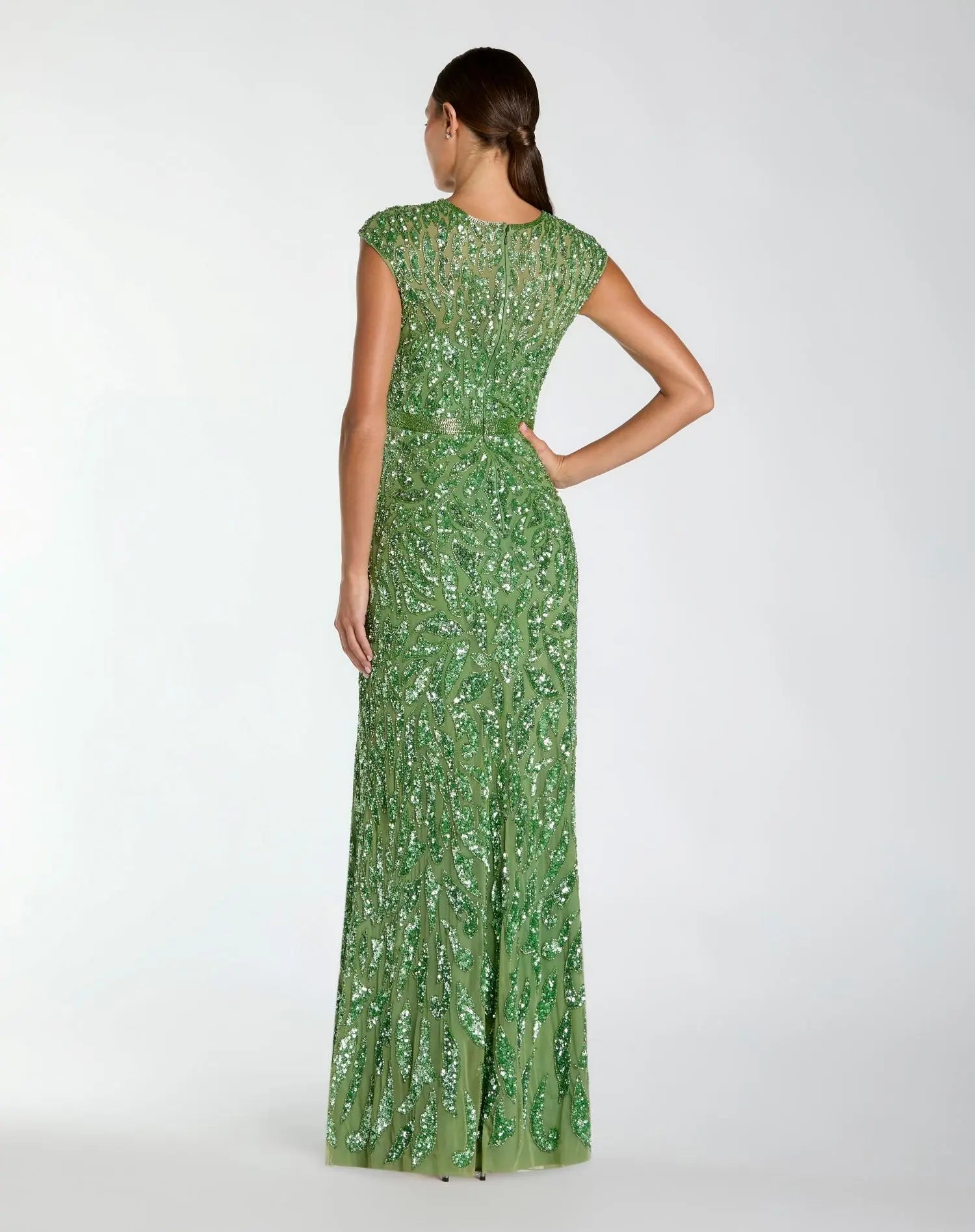 Green Embellished High Neck Cap Sleeve Gown - Mac Duggal