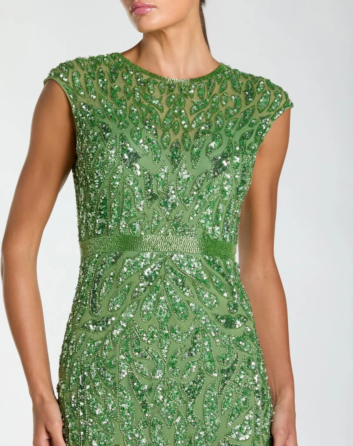 Green Embellished High Neck Cap Sleeve Gown - Mac Duggal