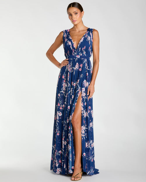 Blue Sleeveless Pleated Floral Print Chiffon V-Neck Gown - Ieena for Mac Duggal