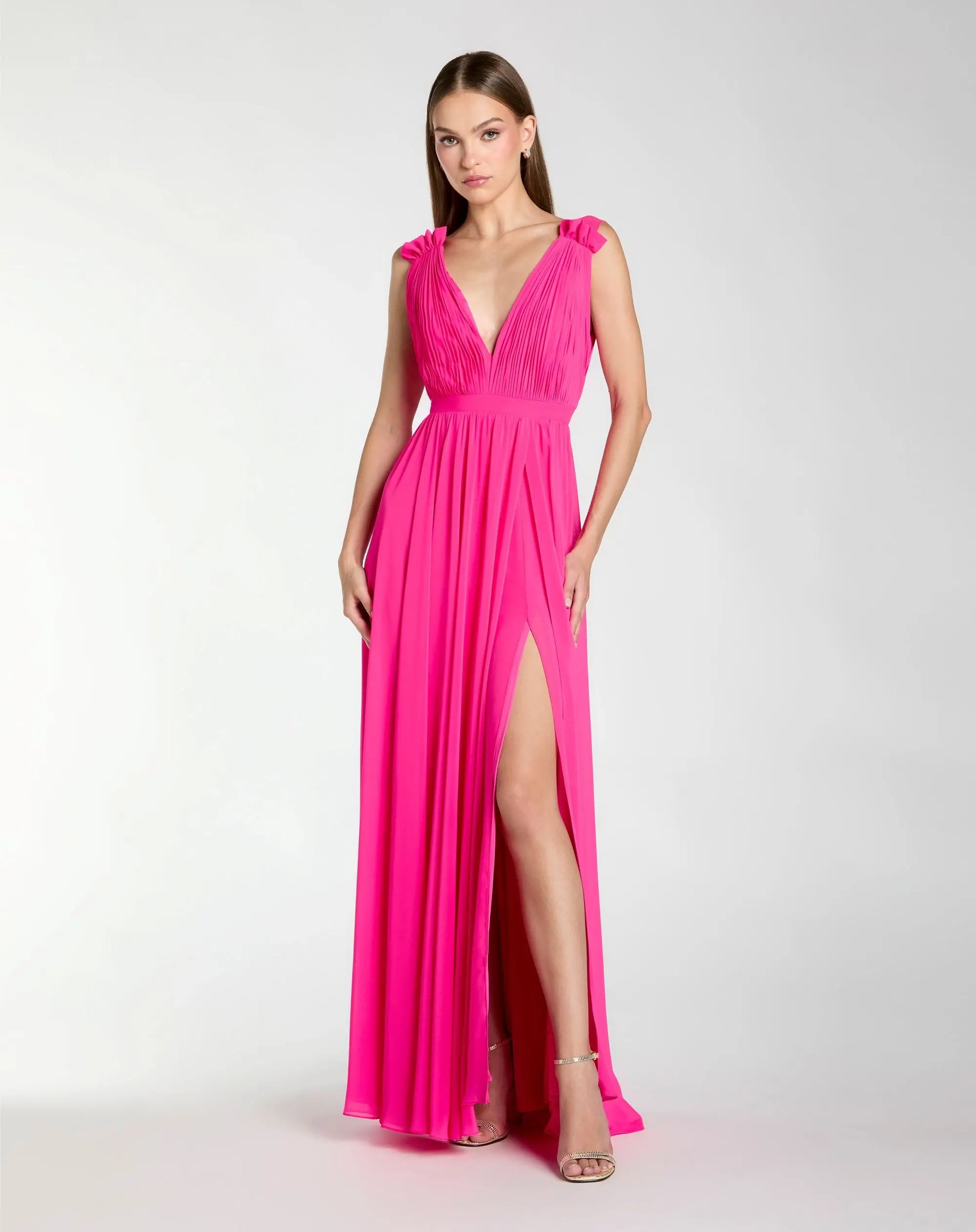 Pink Sleeveless Pleated Chiffon V-Neck Gown | Mac Duggal Pink Sleeveless Pleated Chiffon V-Neck Gown | Mac Duggal