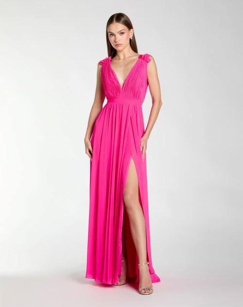 Pink Sleeveless Pleated Chiffon V-Neck Gown - Ieena for Mac Duggal