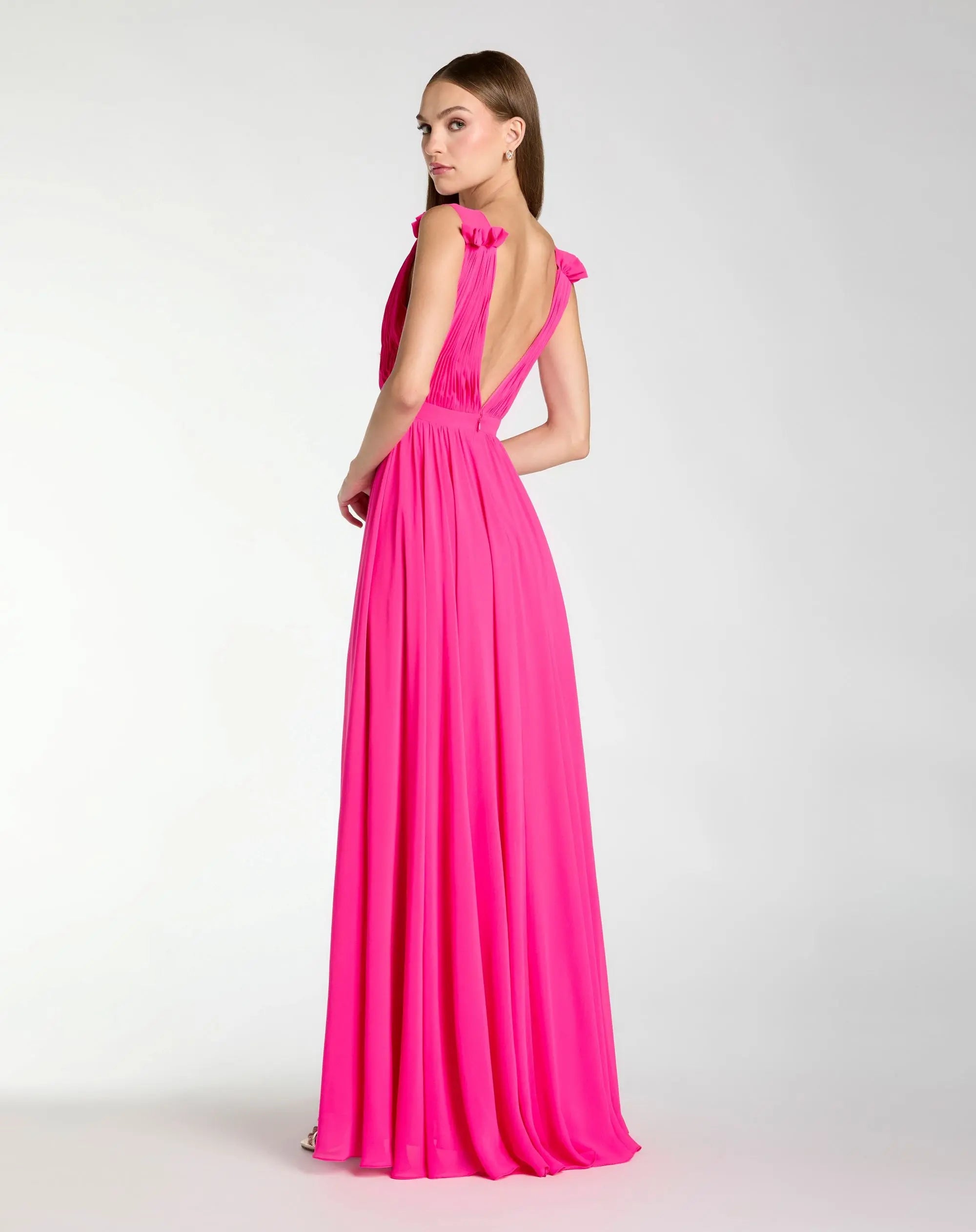 Pink Sleeveless Pleated Chiffon V-Neck Gown | Mac Duggal