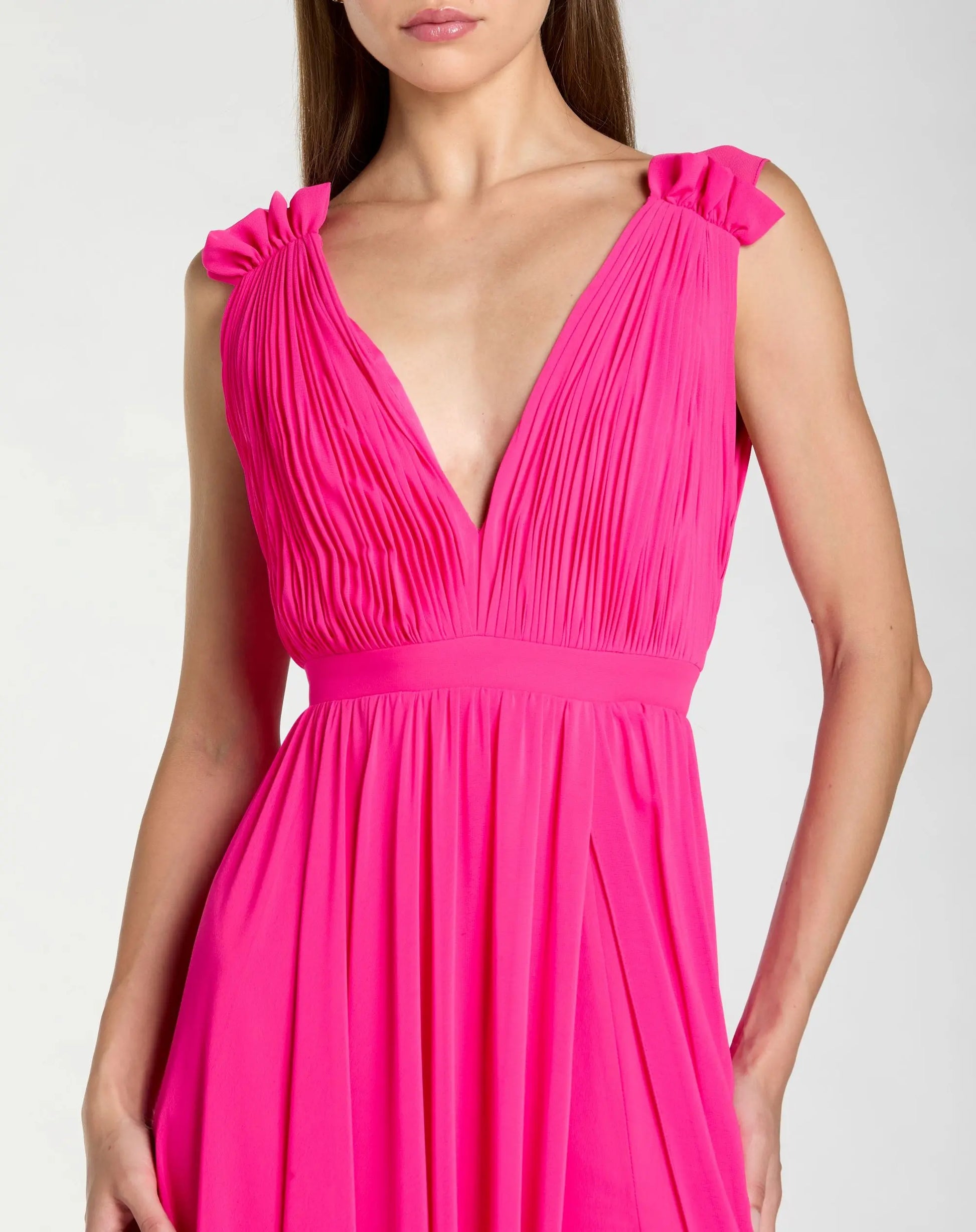 Mac Duggal Women's Sleeveless Pleated Chiffon V-Neck Gown - Hot Pink Mac Duggal Women's Sleeveless Pleated Chiffon V-Neck Gown - Hot Pink