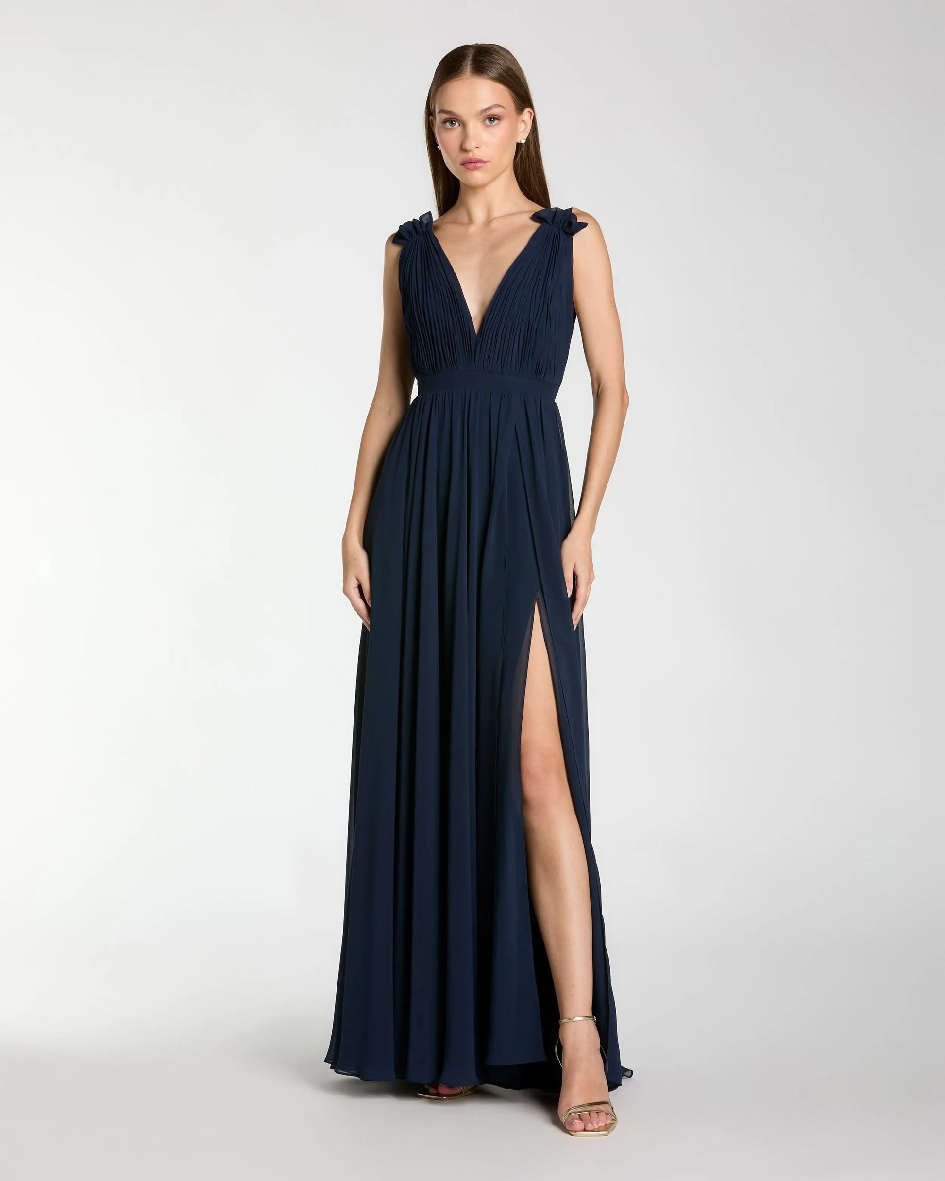 Navy Sleeveless Pleated Chiffon V-Neck Gown | Mac Duggal Navy Sleeveless Pleated Chiffon V-Neck Gown | Mac Duggal