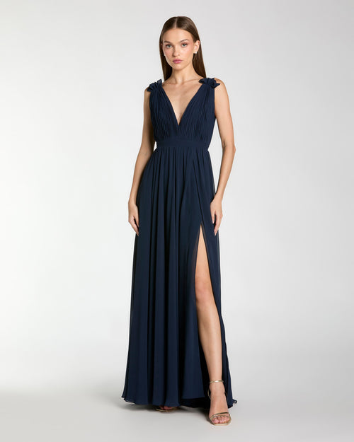 Navy Pleated Chiffon Sleeveless V-Neck Gown - Ieena for Mac Duggal