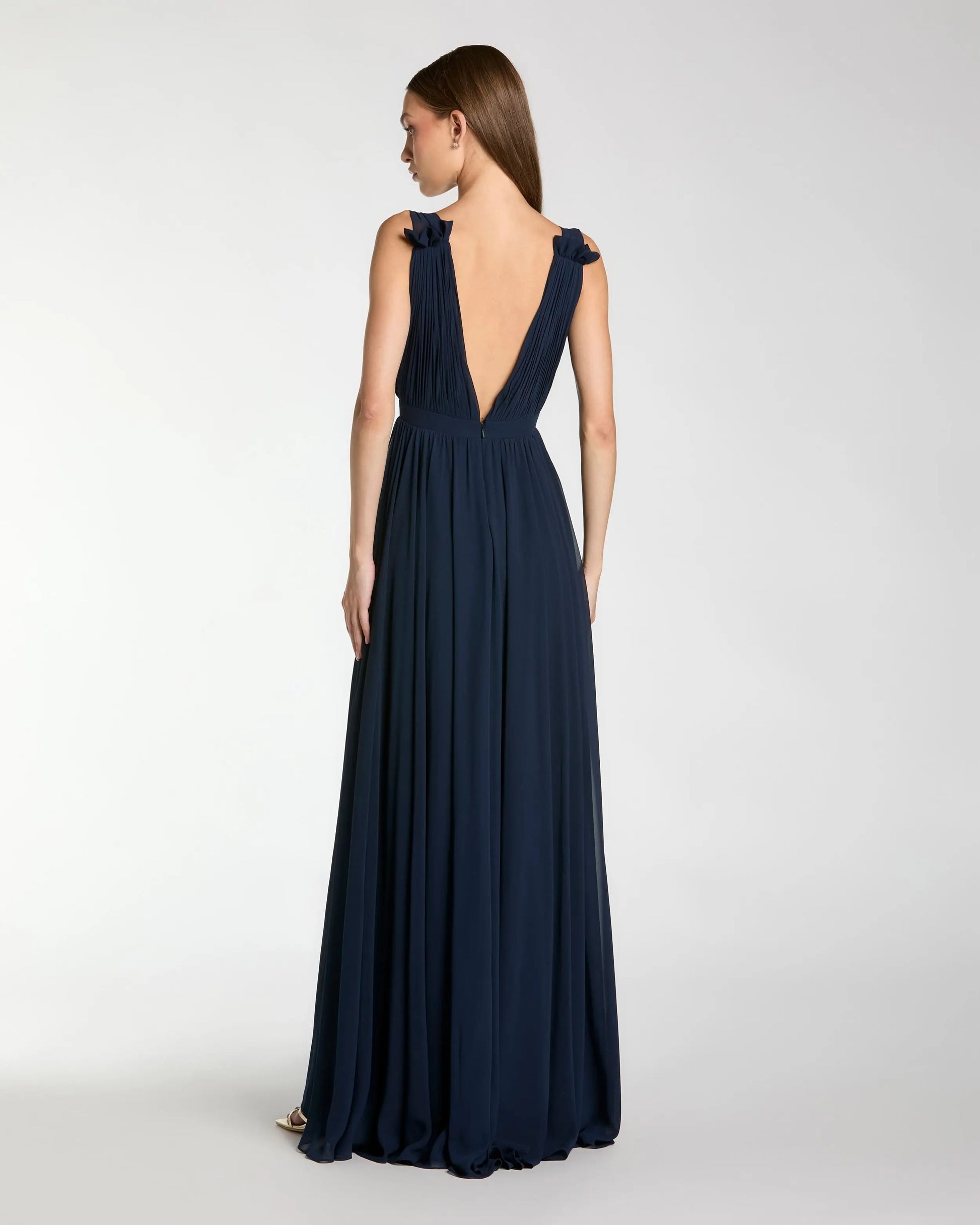 Navy Sleeveless Pleated Chiffon V-Neck Gown | Mac Duggal Navy Sleeveless Pleated Chiffon V-Neck Gown | Mac Duggal