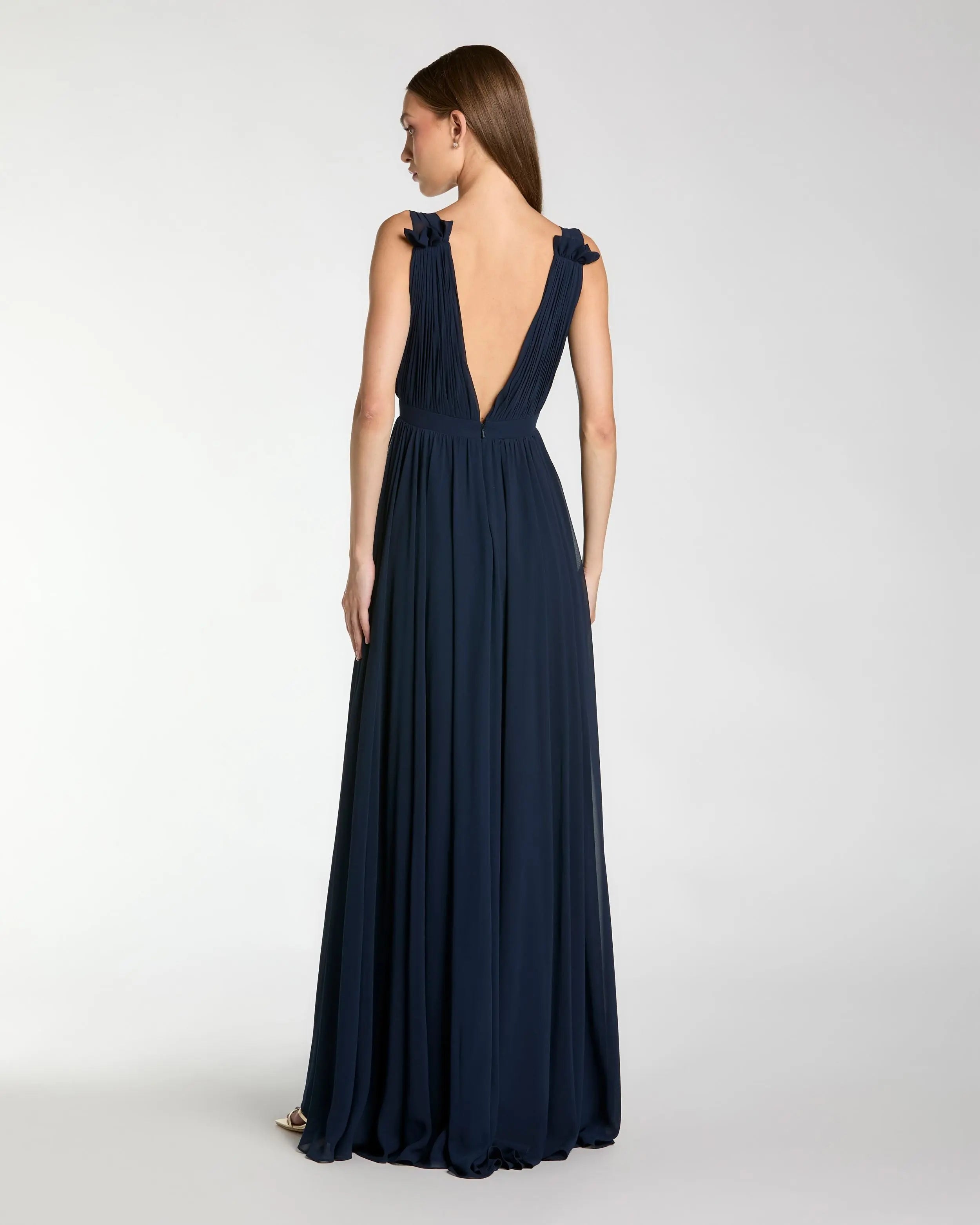 Navy Pleated Chiffon Sleeveless V-Neck Gown - Ieena for Mac Duggal