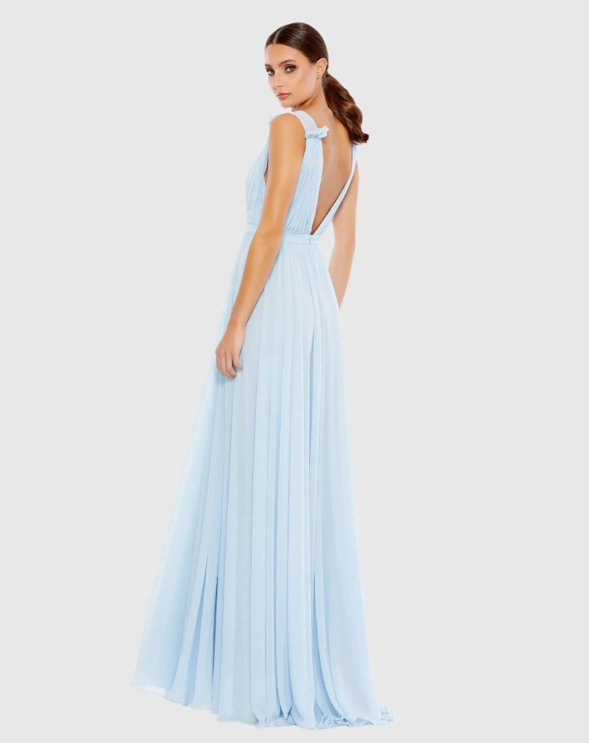 Blue Petite Pleated Chiffon Sleeveless V-Neck Gown Mac Duggal