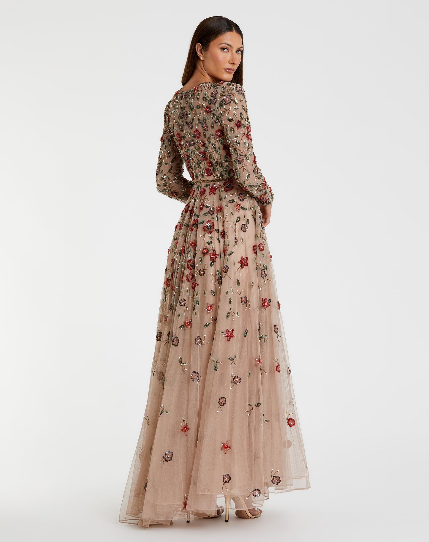 Embellished High Neck Long Sleeve A Line Gown