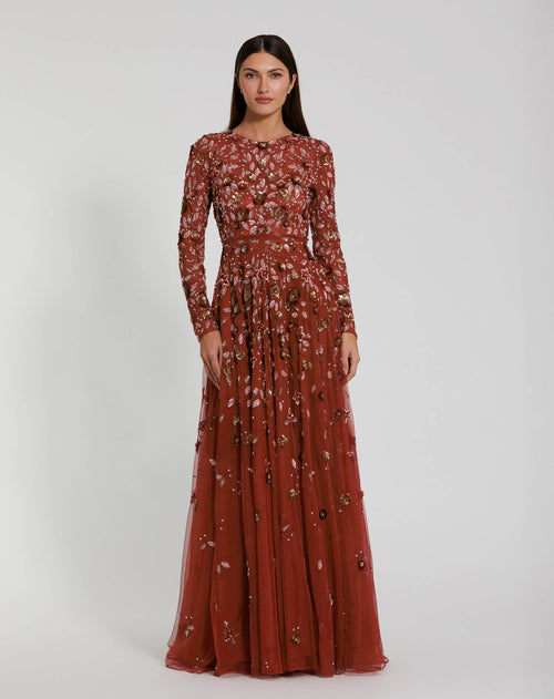 Embellished High Neck Long Sleeve A Line Gown