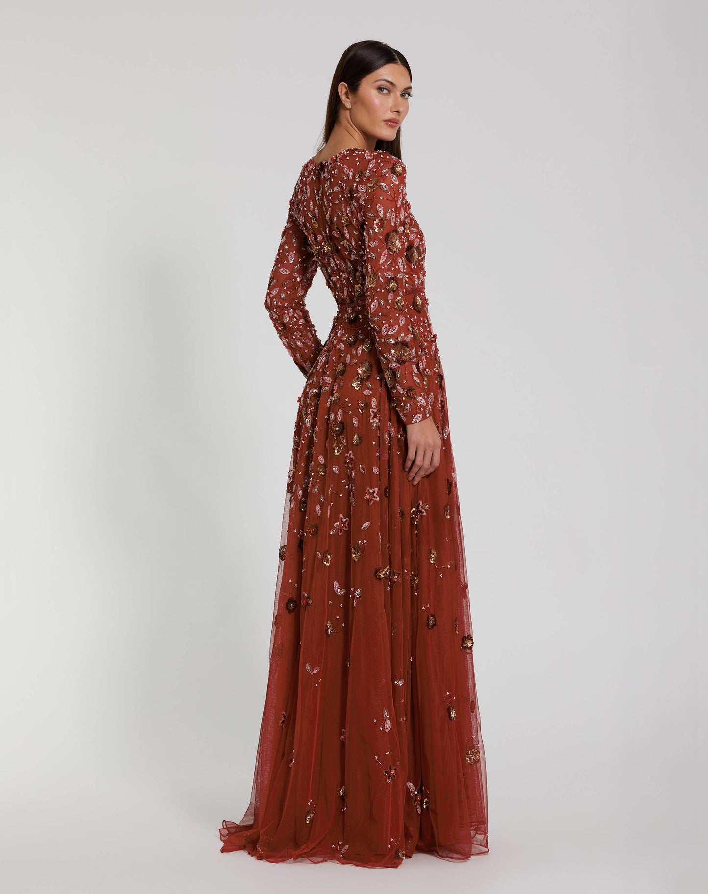 Embellished High Neck Long Sleeve A Line Gown