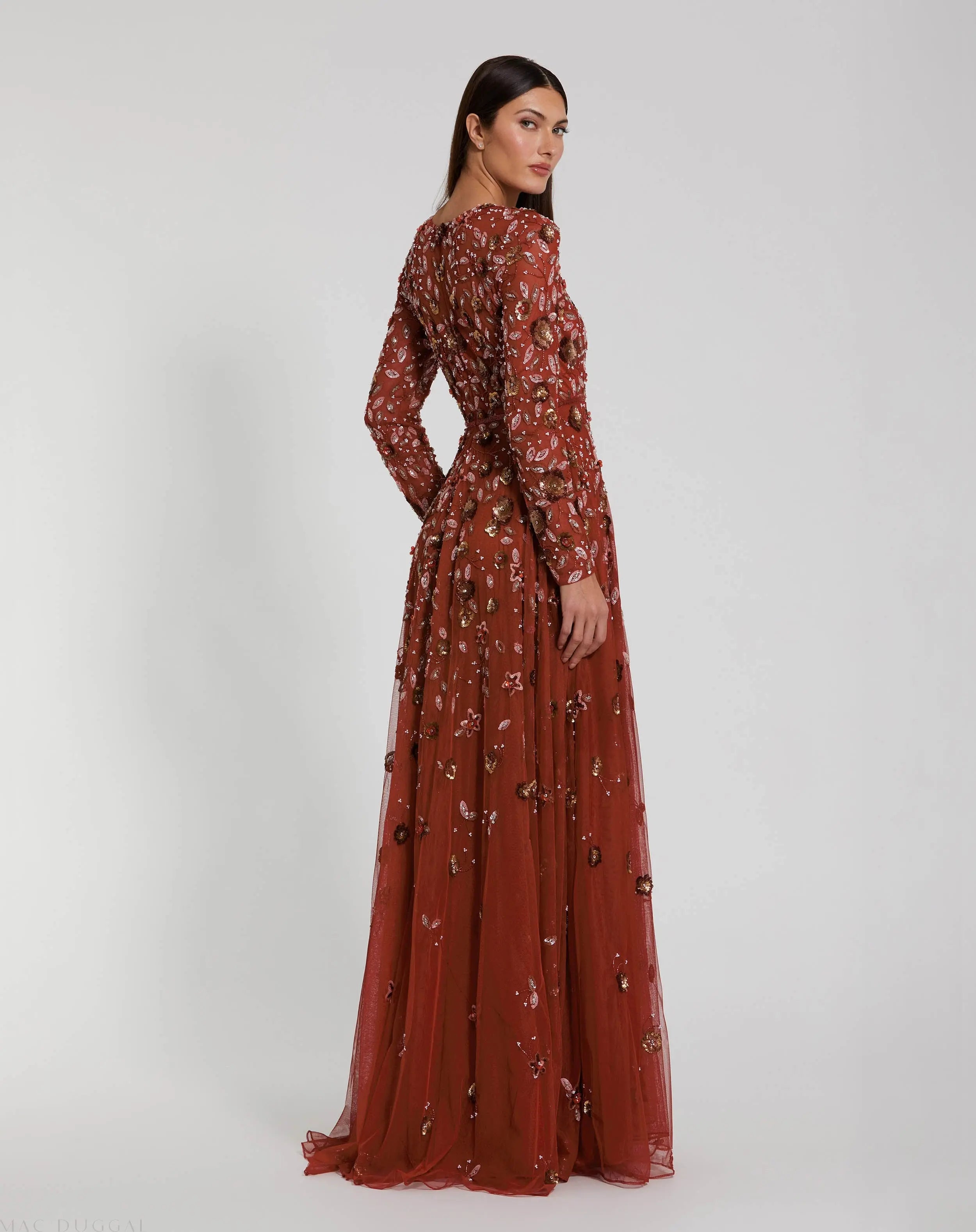 Red Embellished High Neck Long Sleeve A Line Gown - Mac Duggal
