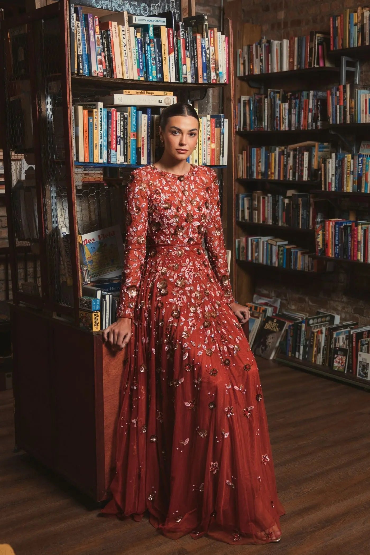 Mac Duggal - Red Embellished High Neck Long Sleeve A Line Gown - US 20 Mac Duggal - Red Embellished High Neck Long Sleeve A Line Gown - US 20