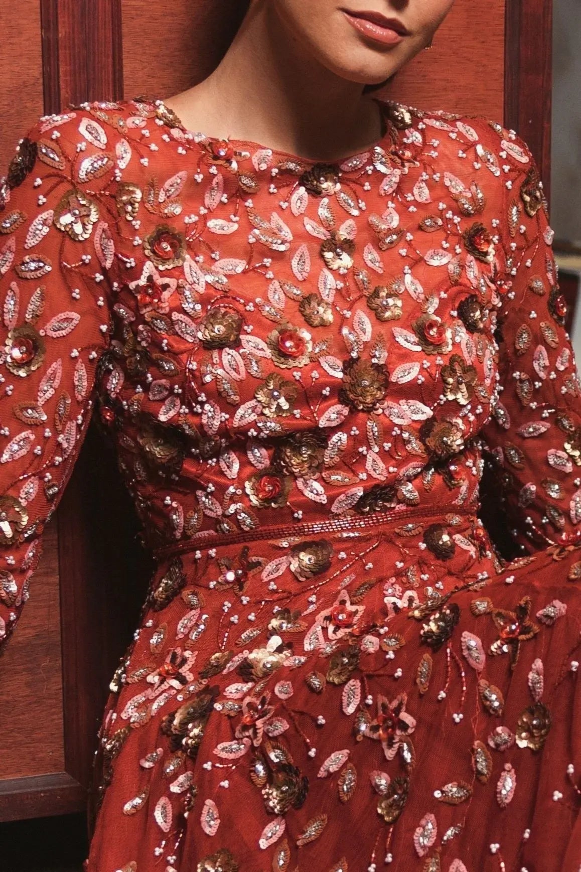 Red Embellished High Neck Long Sleeve A Line Gown - Mac Duggal