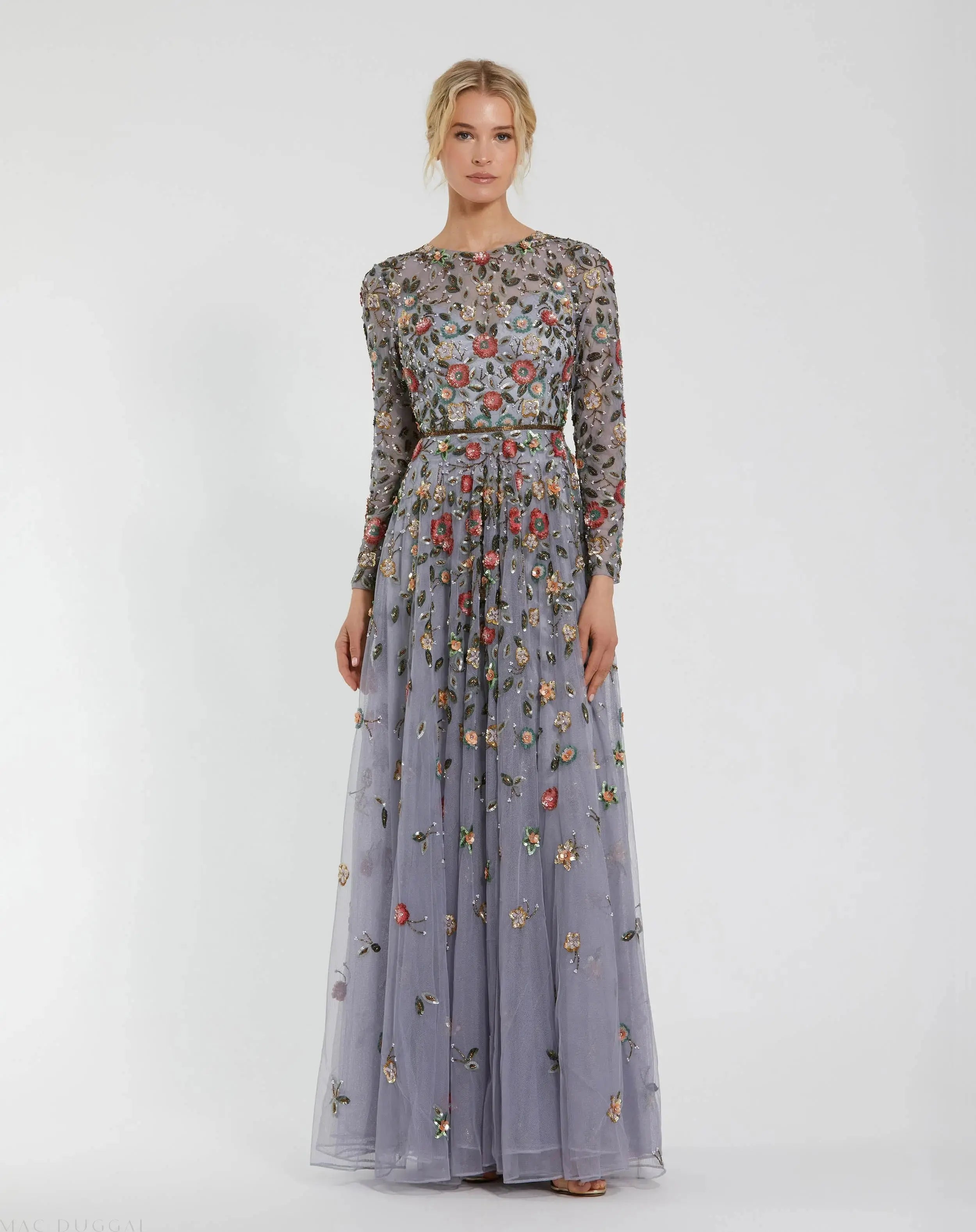 Gray Embellished High Neck Long Sleeve A Line Gown | Mac Duggal Gray Embellished High Neck Long Sleeve A Line Gown | Mac Duggal
