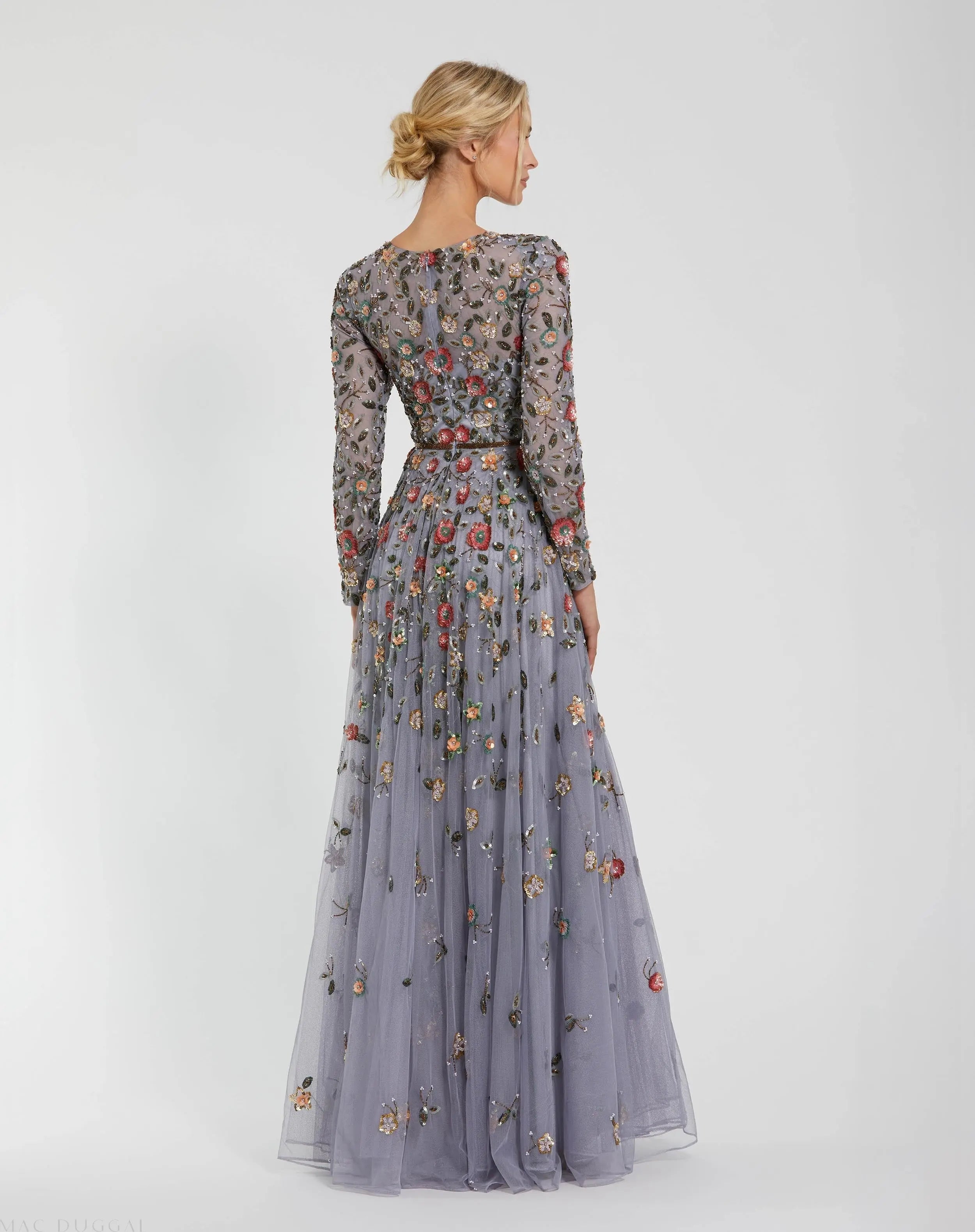 Gray Embellished High Neck Long Sleeve A Line Gown - Mac Duggal