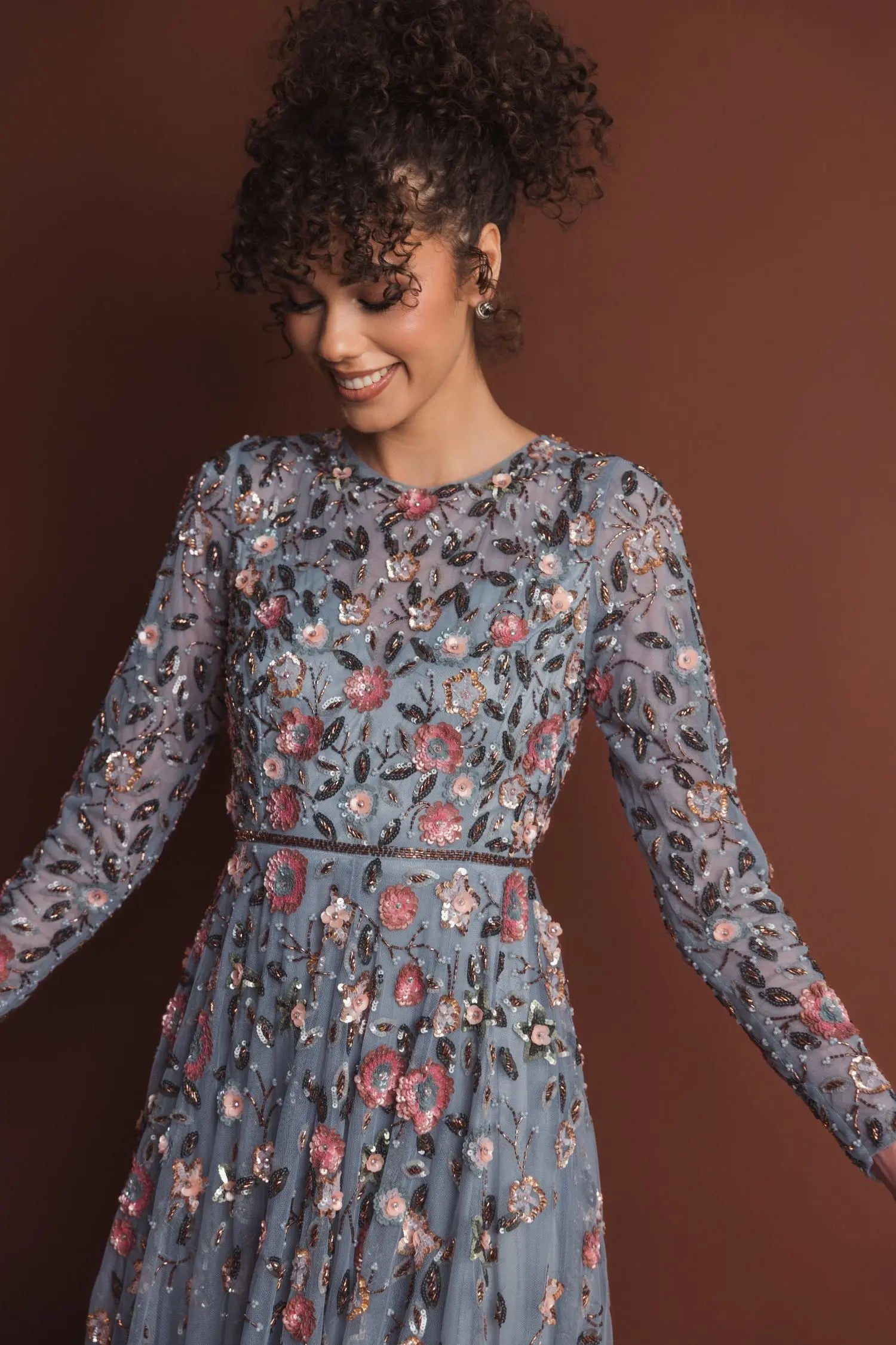 Gray Embellished High Neck Long Sleeve A Line Gown - Mac Duggal