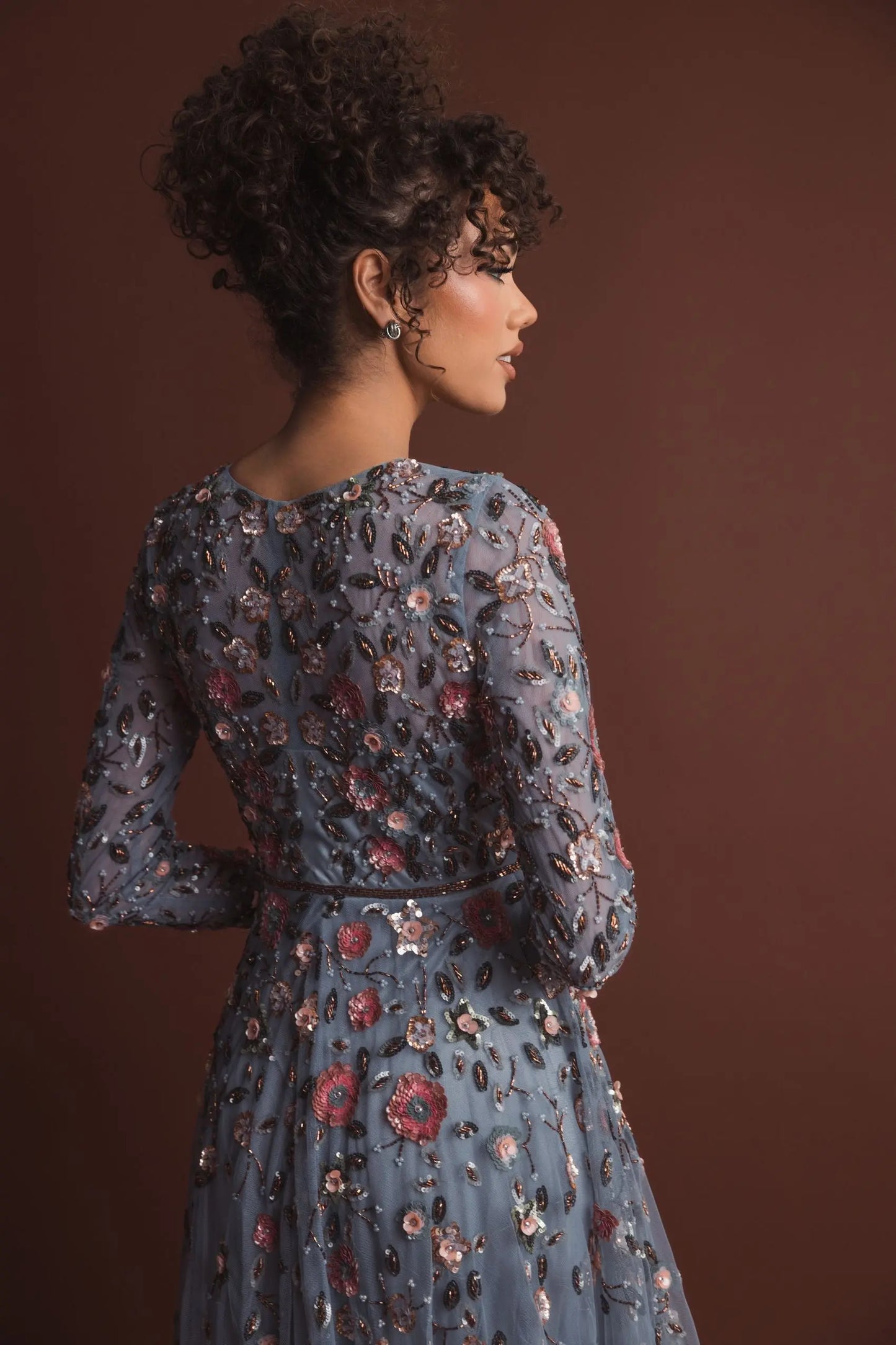 Gray Embellished High Neck Long Sleeve A Line Gown - Mac Duggal