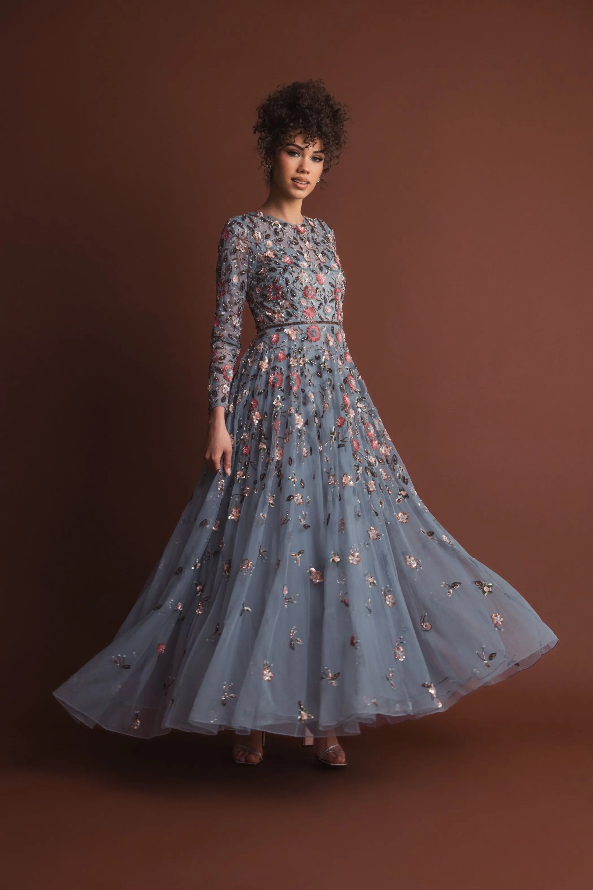 Gray Embellished High Neck Long Sleeve A Line Gown | Mac Duggal Gray Embellished High Neck Long Sleeve A Line Gown | Mac Duggal