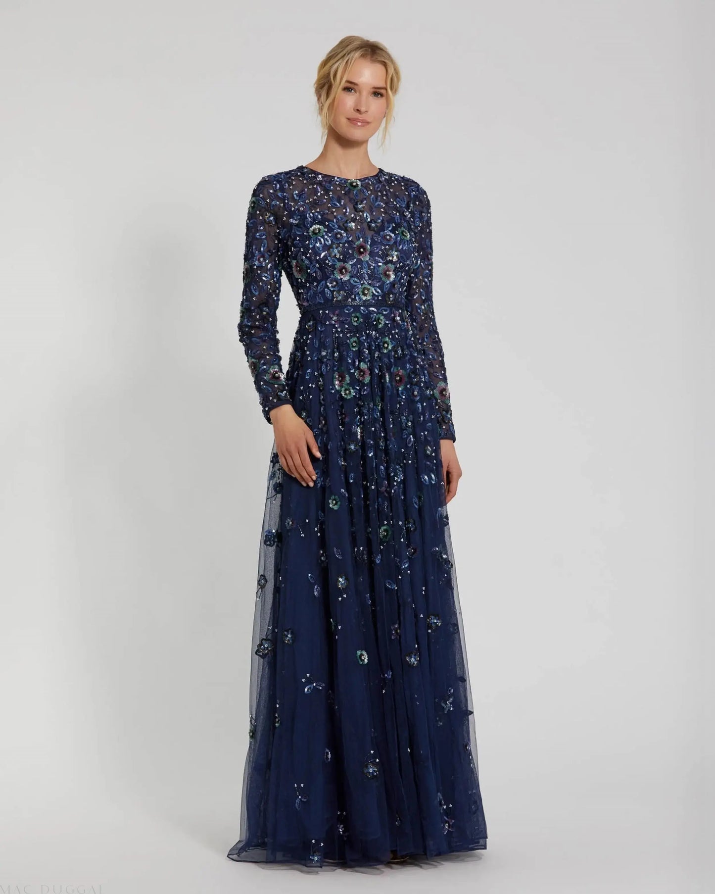 navy blue a line dress with sleeves Dark Navy A Line Lace Top Illusion 3/4 Sleeves Mother Of The Bride Dress