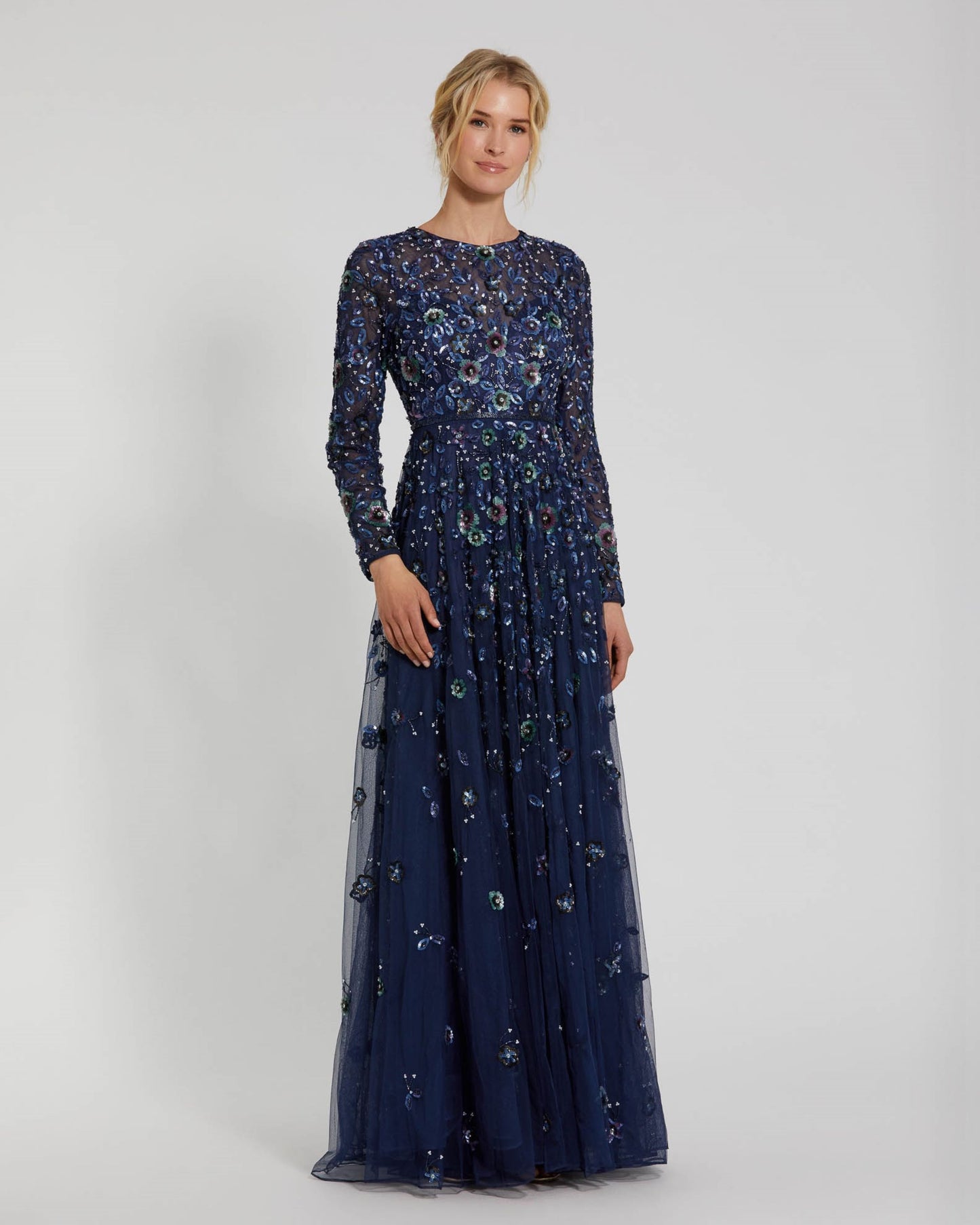 Embellished High Neck Long Sleeve A Line Gown