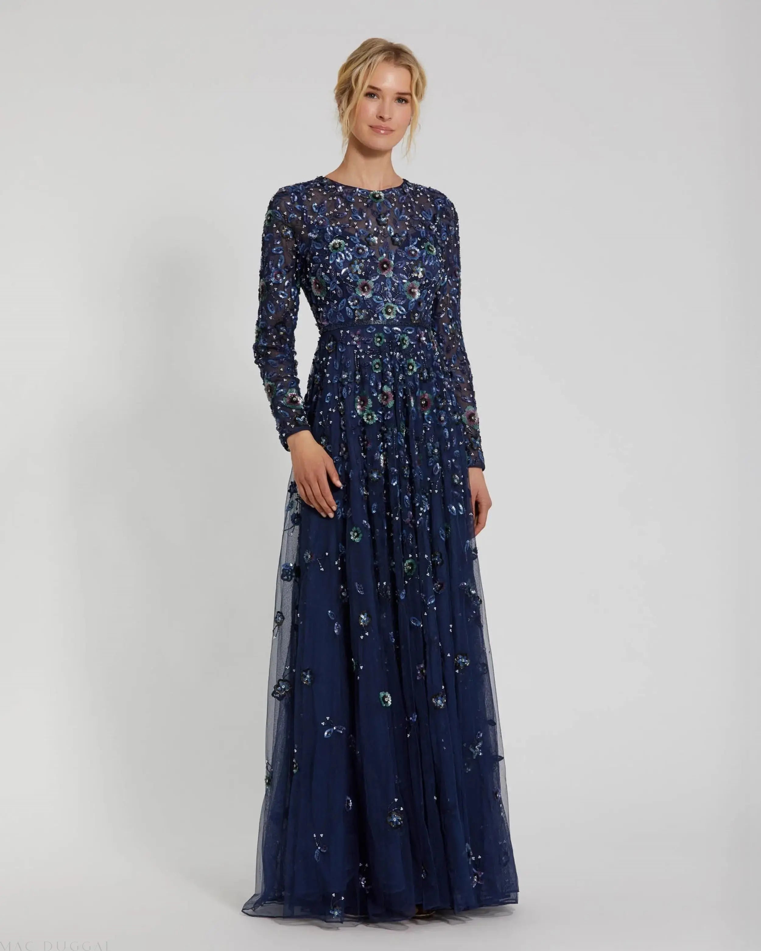 Navy Embellished High Neck Long Sleeve A Line Gown - Mac Duggal