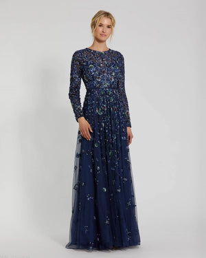 Floral Embellished Long Sleeve Gown