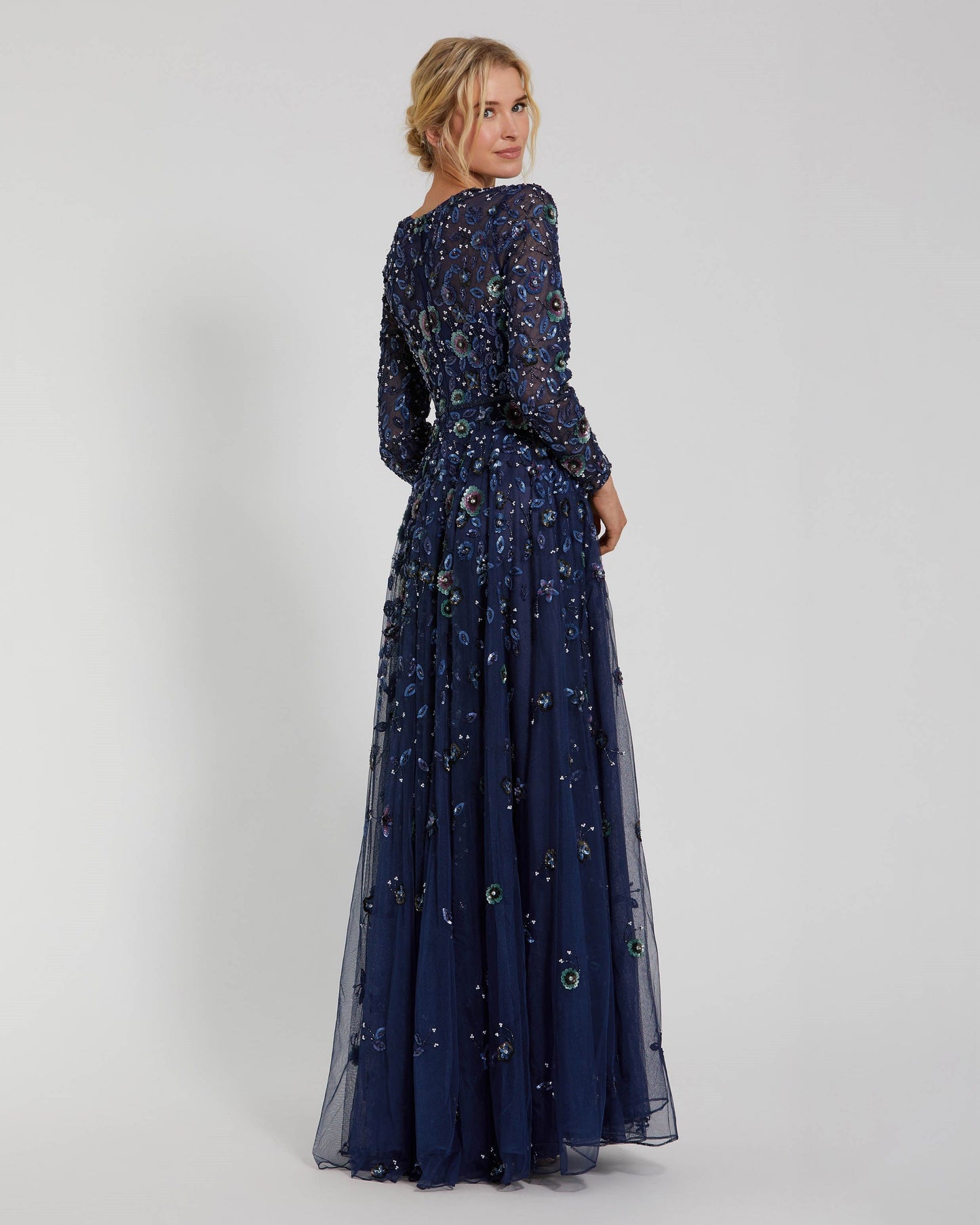 Embellished High Neck Long Sleeve A Line Gown