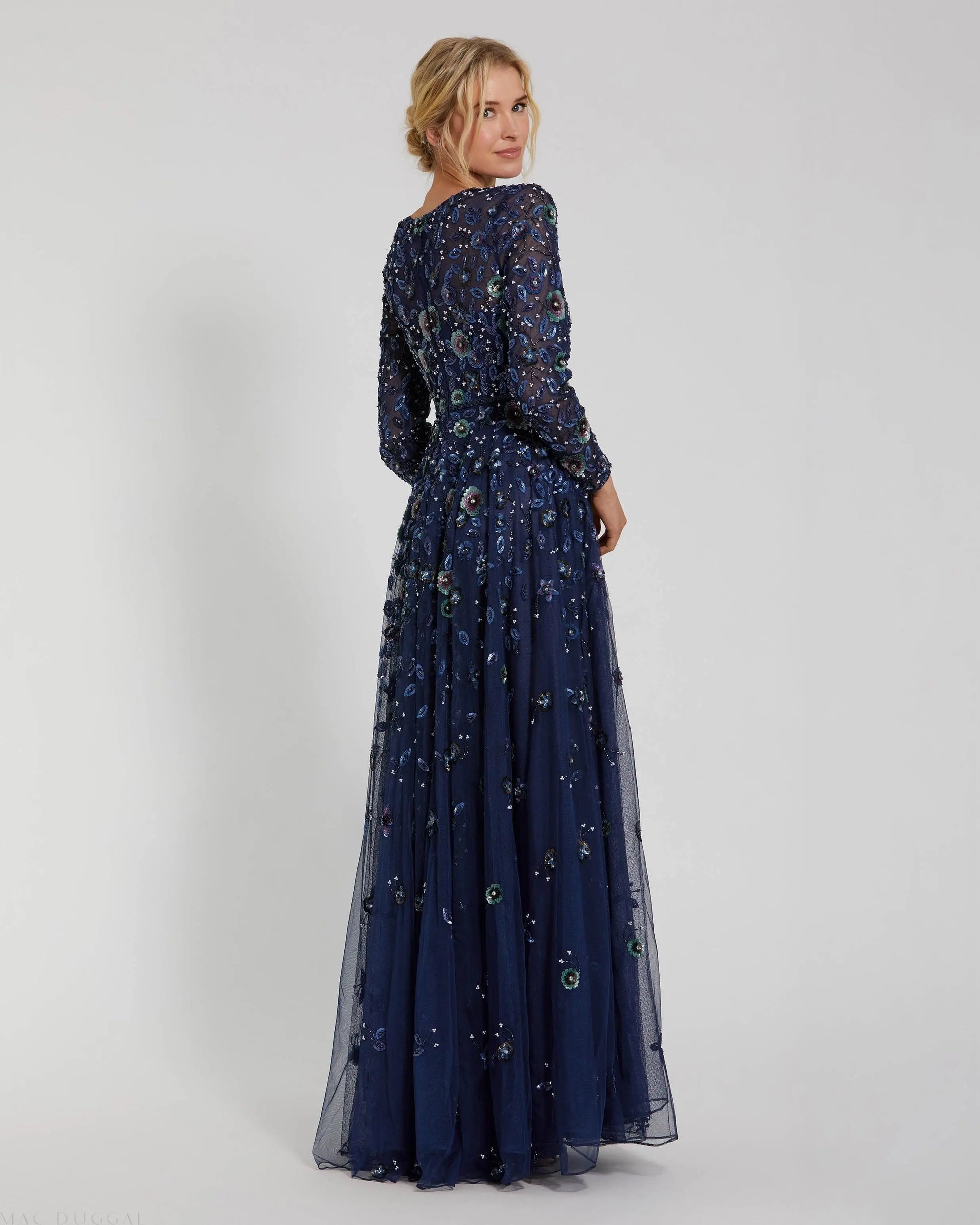 Navy Embellished High Neck Long Sleeve A Line Gown | Mac Duggal Navy Embellished High Neck Long Sleeve A Line Gown | Mac Duggal