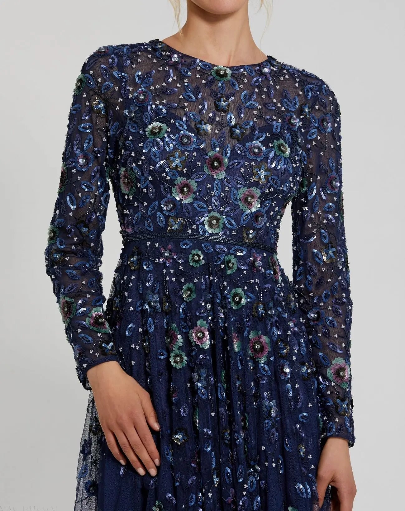Navy Embellished High Neck Long Sleeve A Line Gown - Mac Duggal