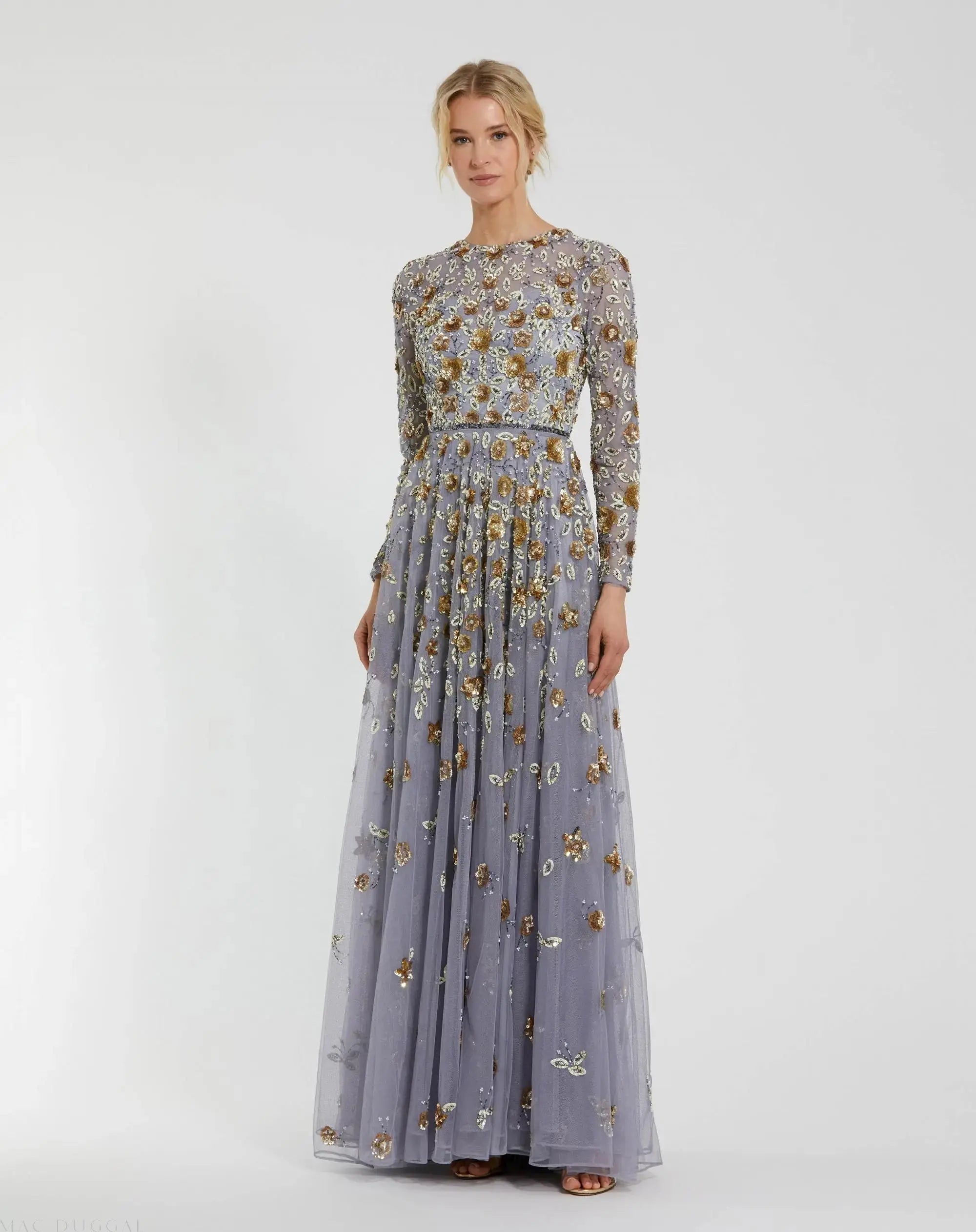 Platinum Embellished High Neck Long Sleeve A Line Gown - Mac Duggal