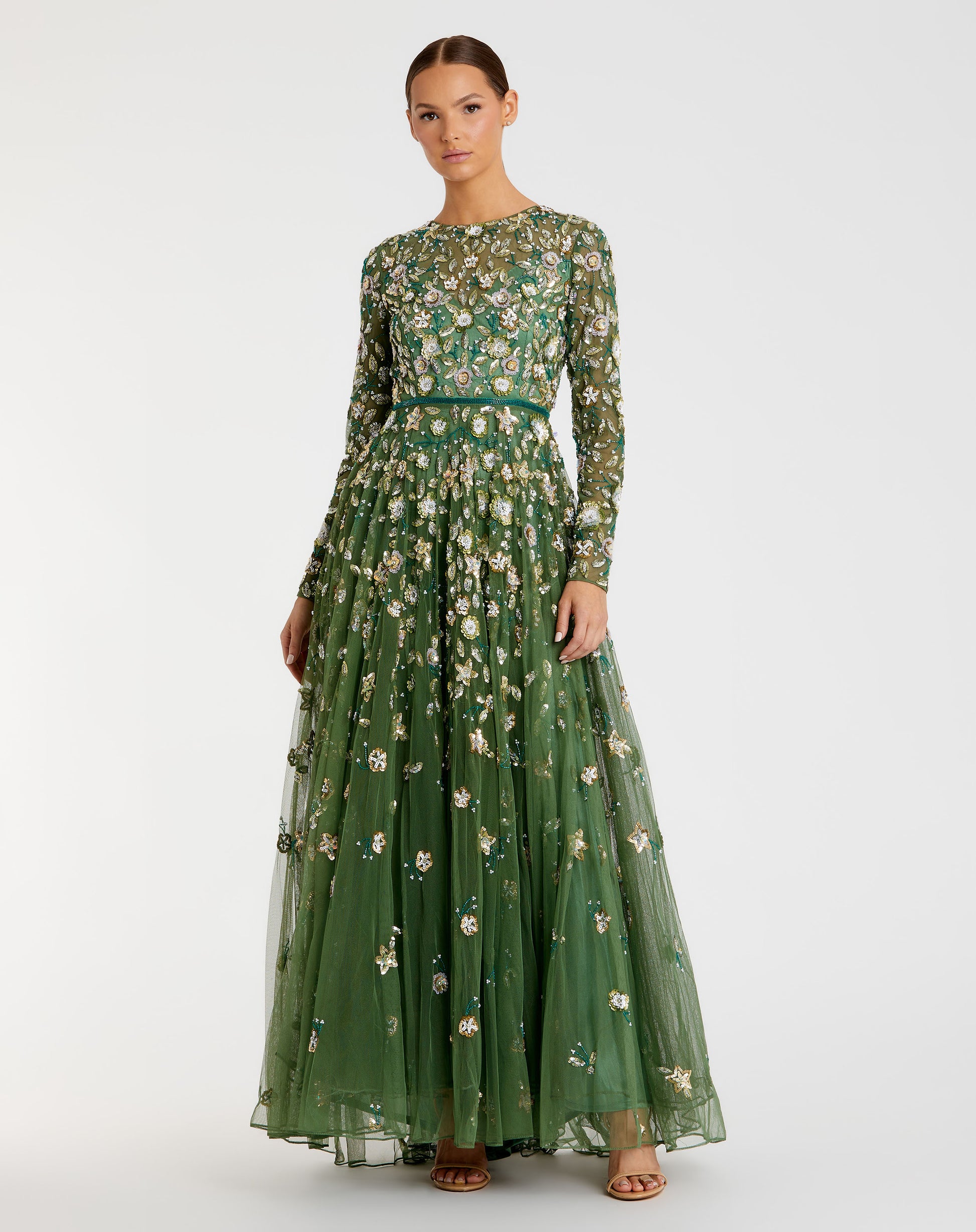 Embellished High Neck Long Sleeve A Line Gown