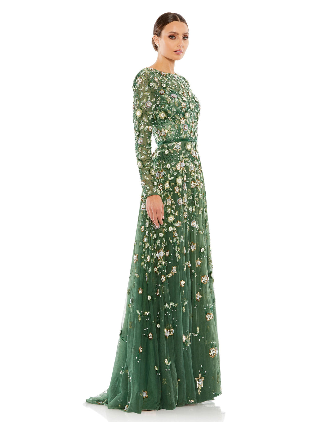 Floral Appliqué Long Sleeve Illusion Gown Mac Duggal