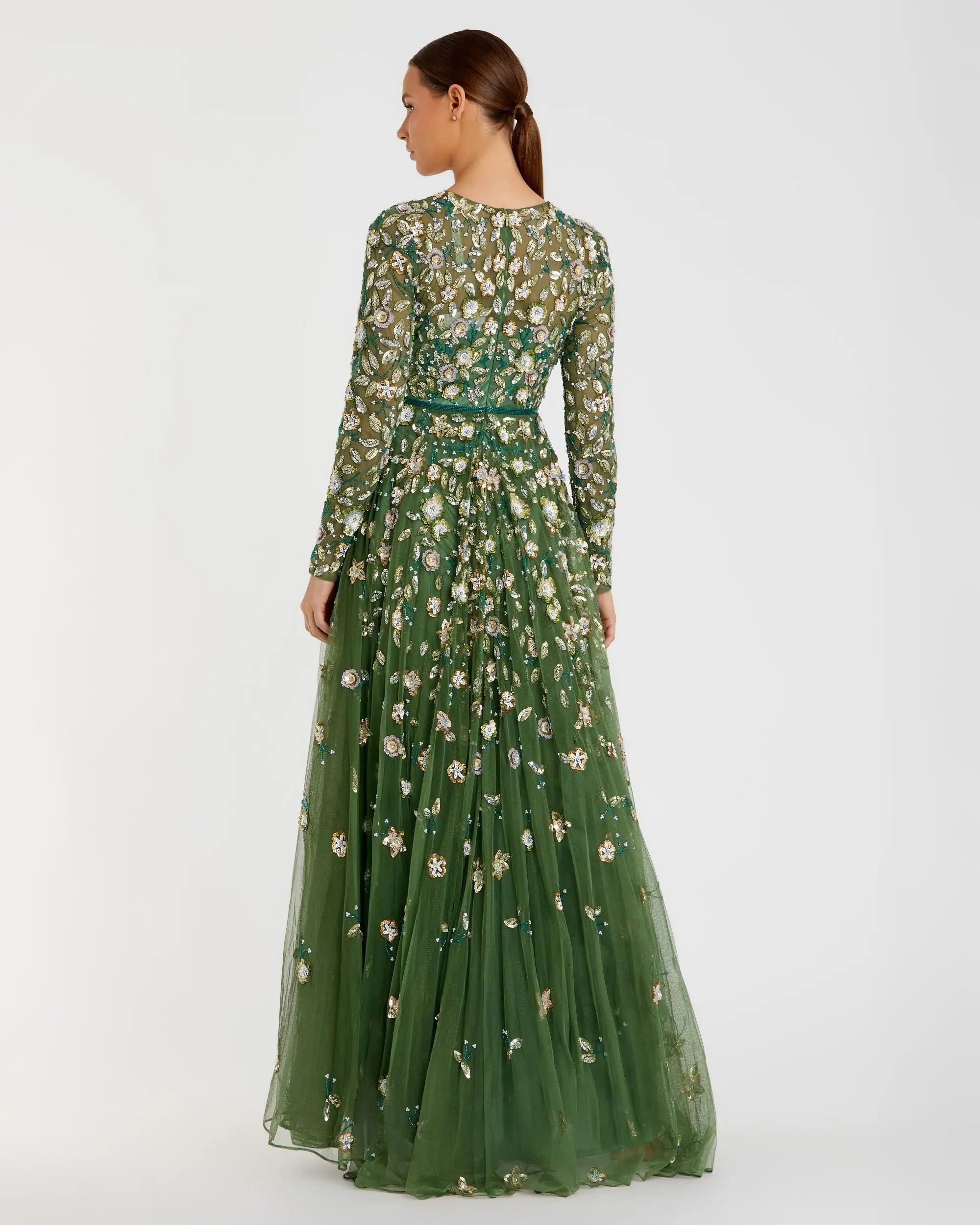 Green Embellished High Neck Long Sleeve A Line Gown - Mac Duggal