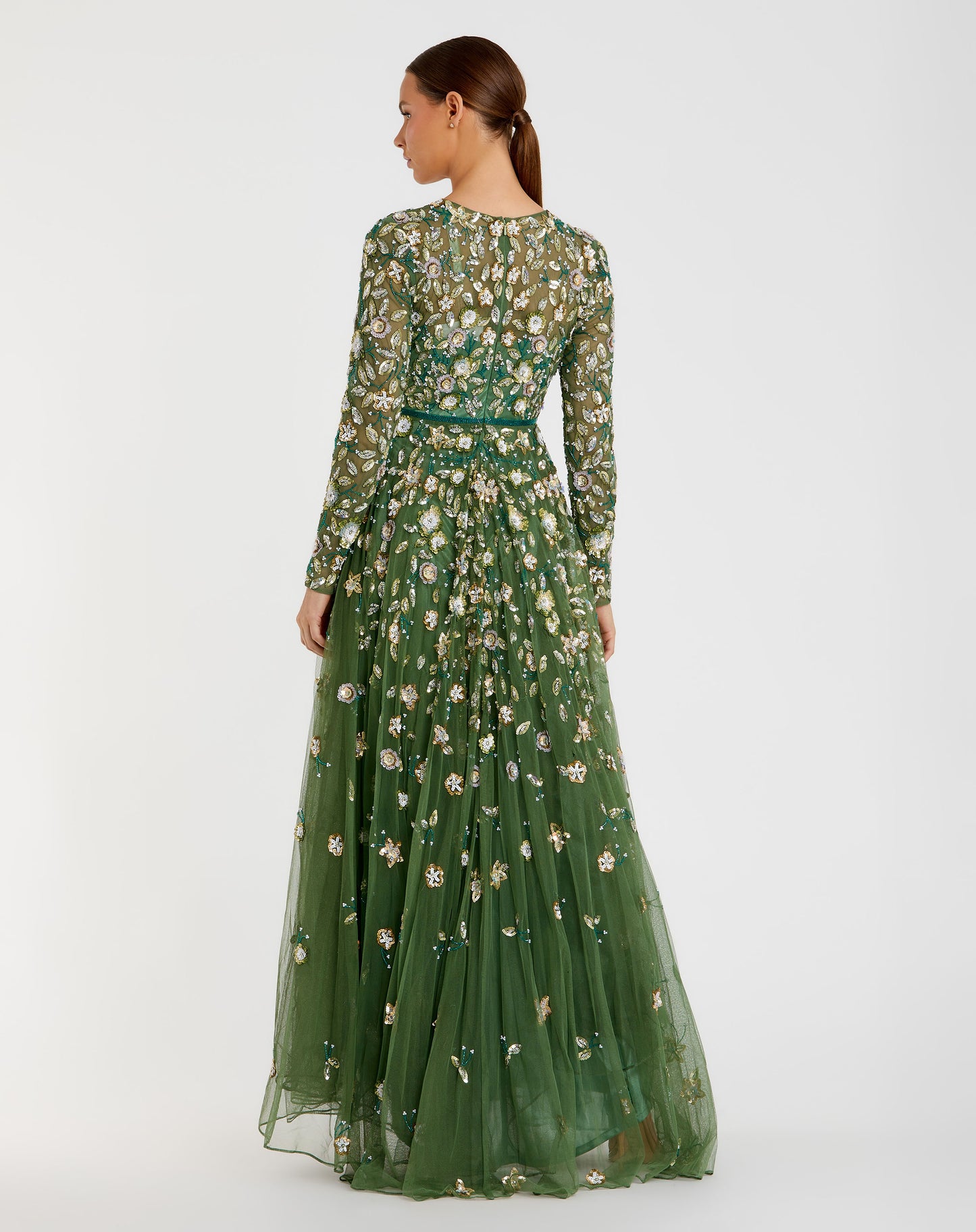 Green Embellished High Neck Long Sleeve A Line Gown