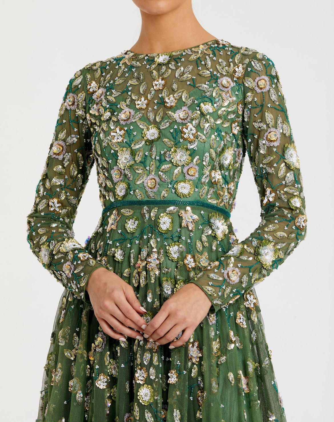 Green Embellished High Neck Long Sleeve A Line Gown