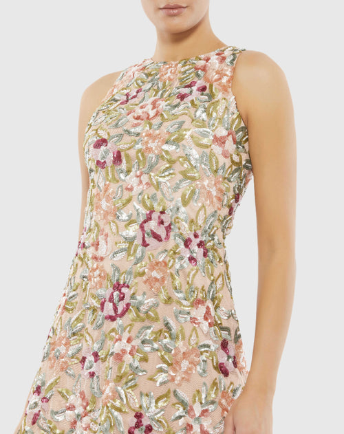 Sequined Floral Detail Sleeveless Mini Dress