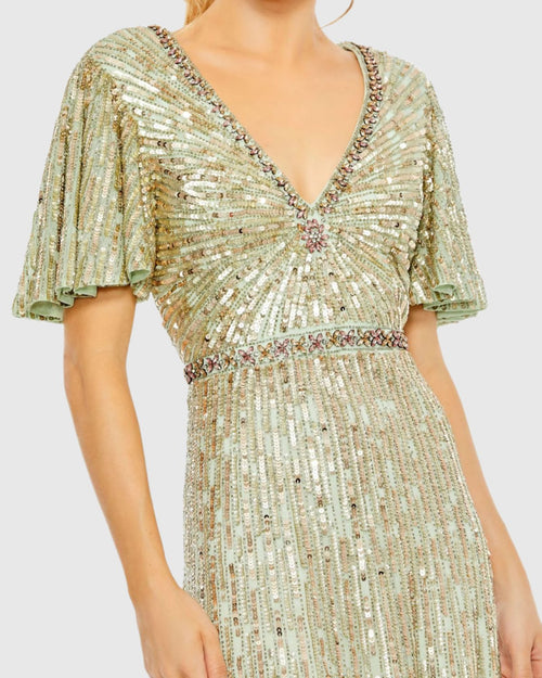 Green Embellished V Neck Butterfly Sleeve Column Gown