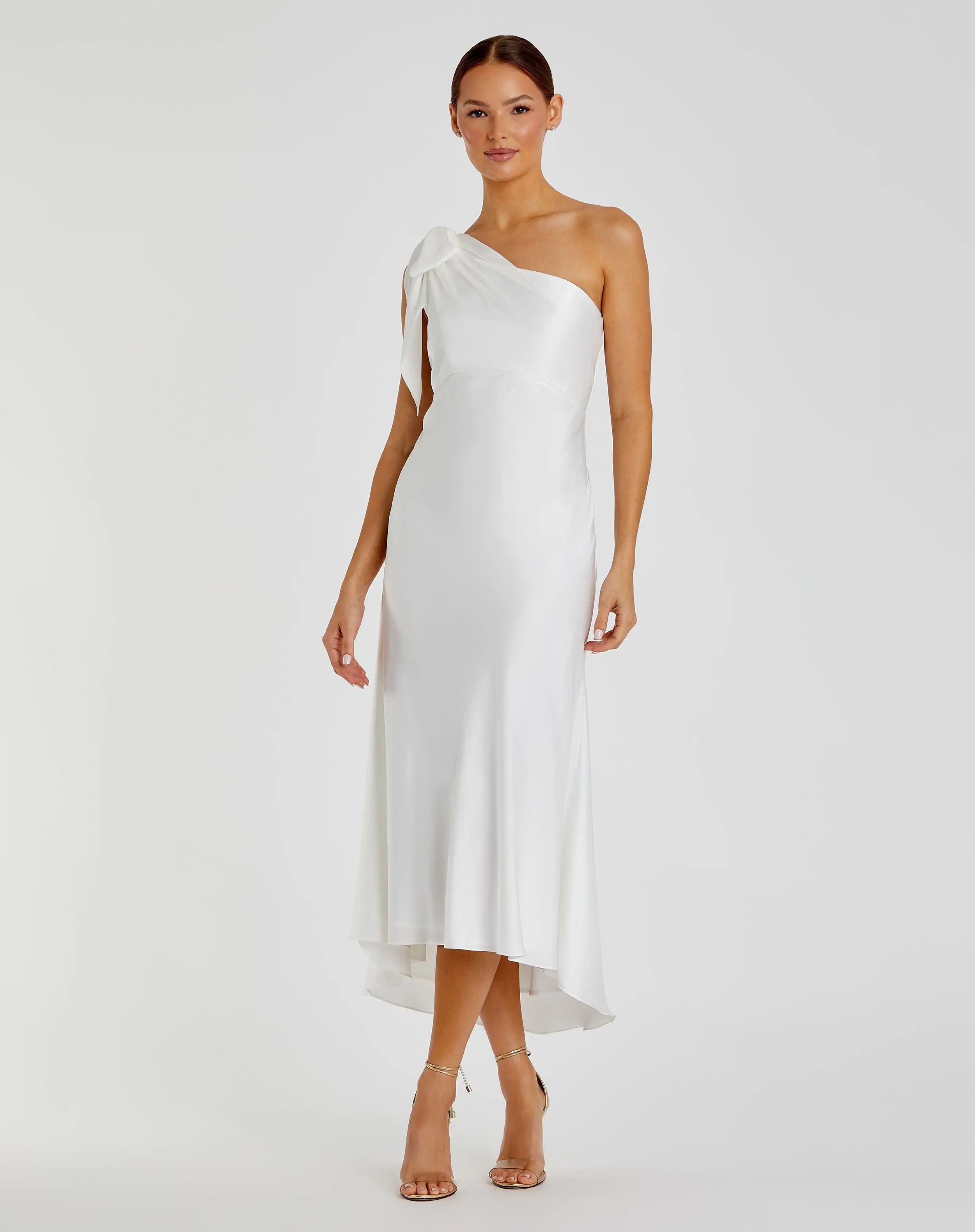 White One Shoulder Blouson Sleeve Gown - Mac Duggal