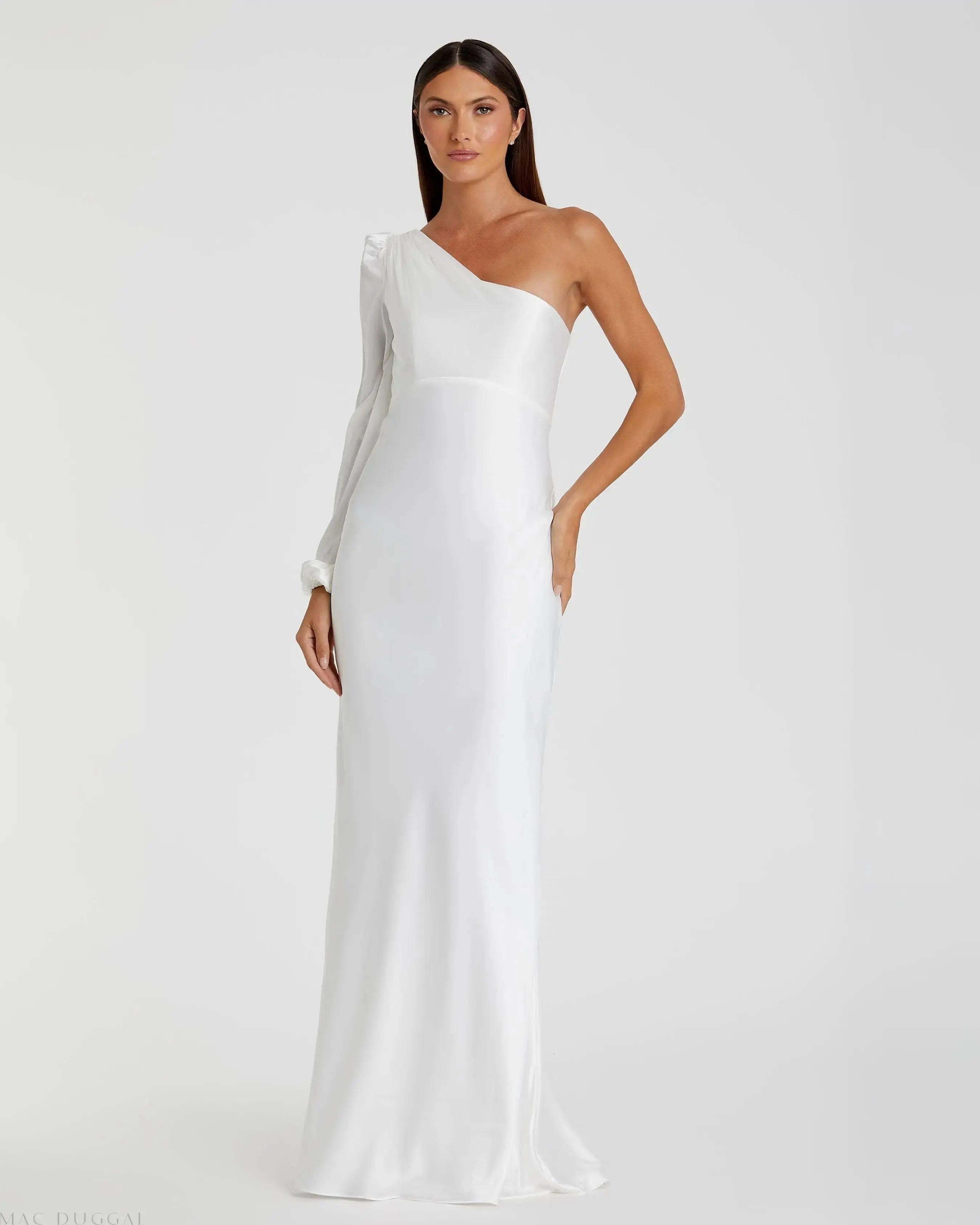 White One Shoulder Blouson Sleeve Gown - Mac Duggal