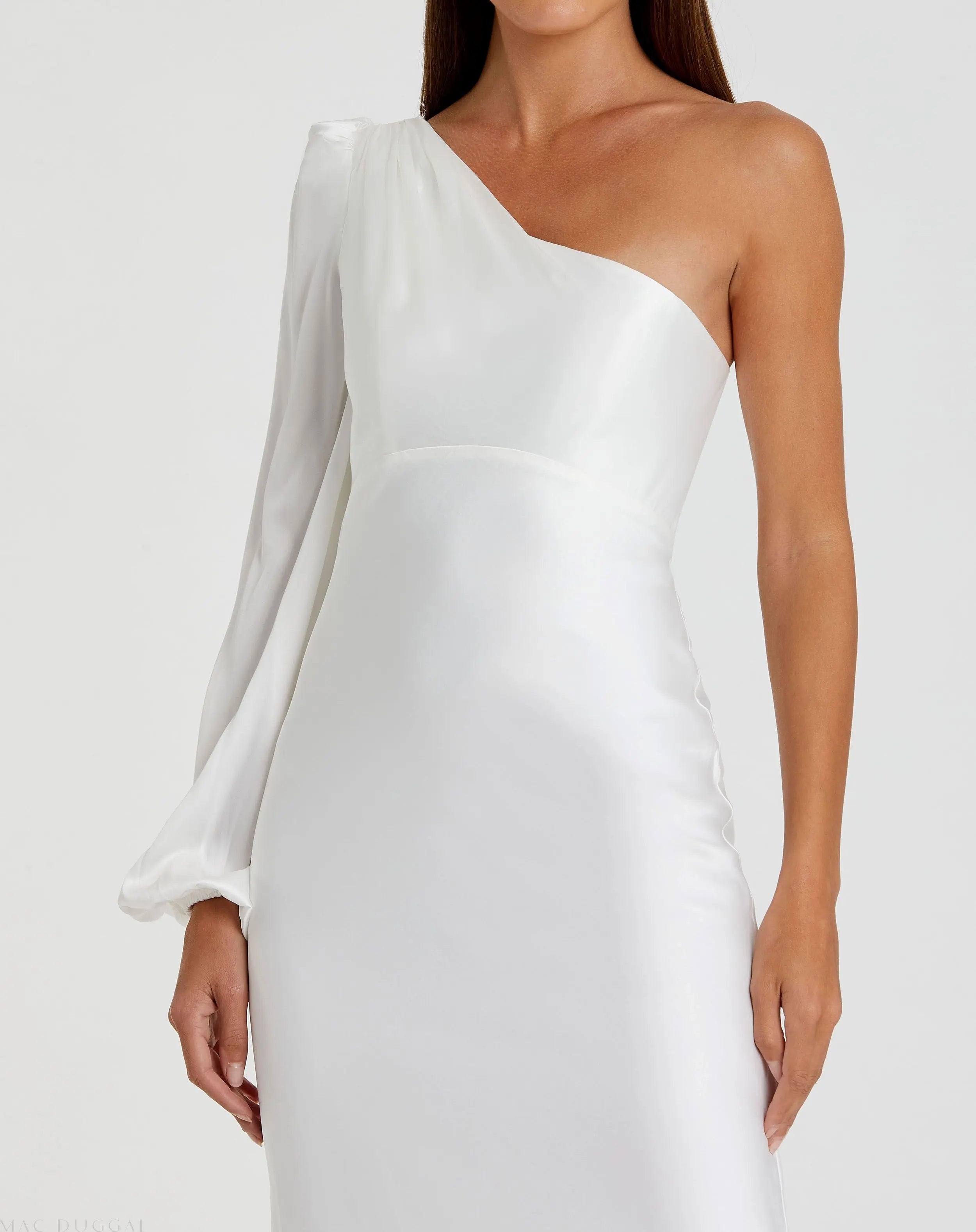 White One Shoulder Blouson Sleeve Gown - Mac Duggal