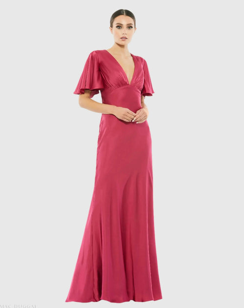 Pink Flounce Sleeve V-Neck Trumpet Gown - Ieena for Mac Duggal
