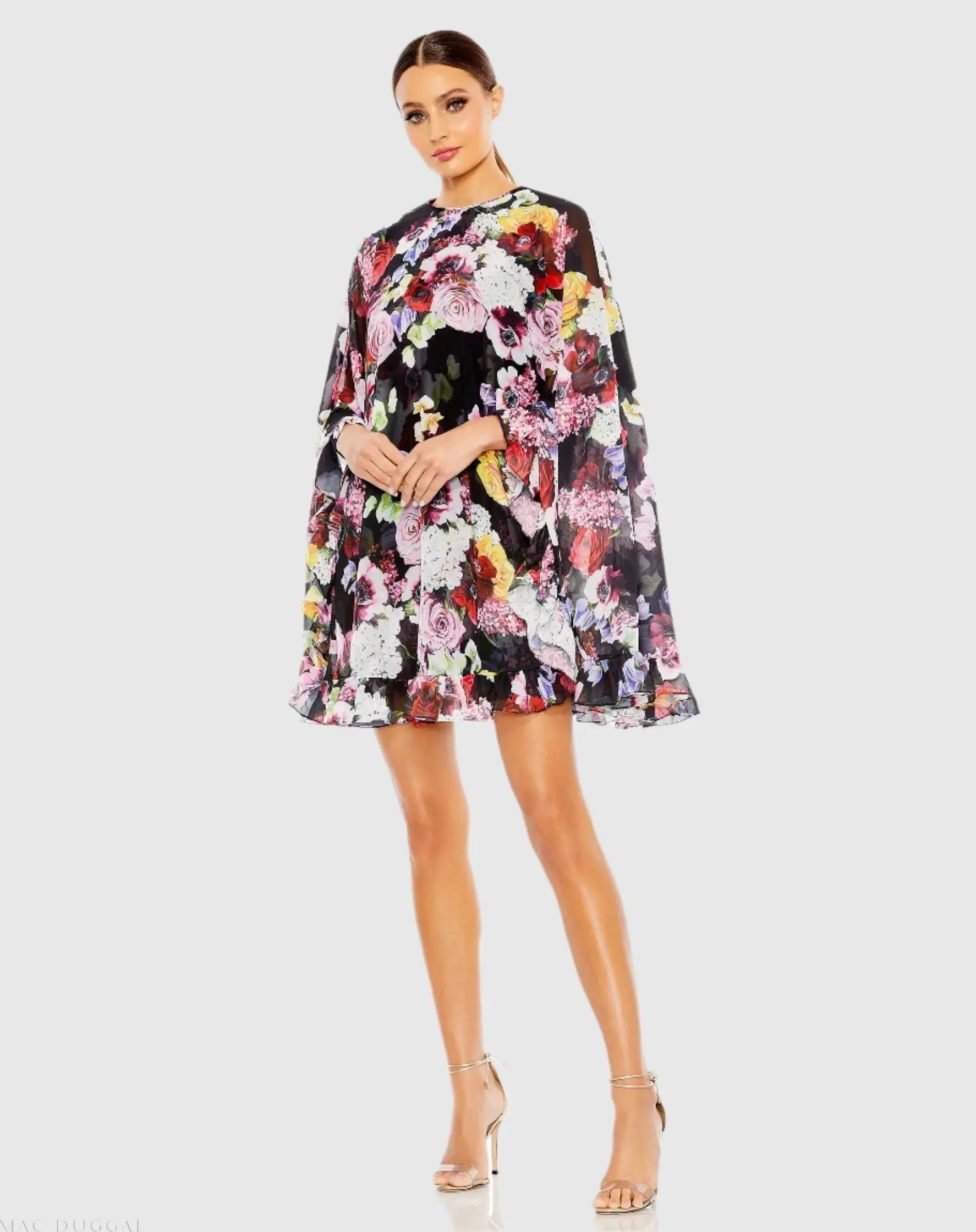Black Multicolor Floral Print High Neck Ruffle Hem Cape Mini Dress - Mac Duggal