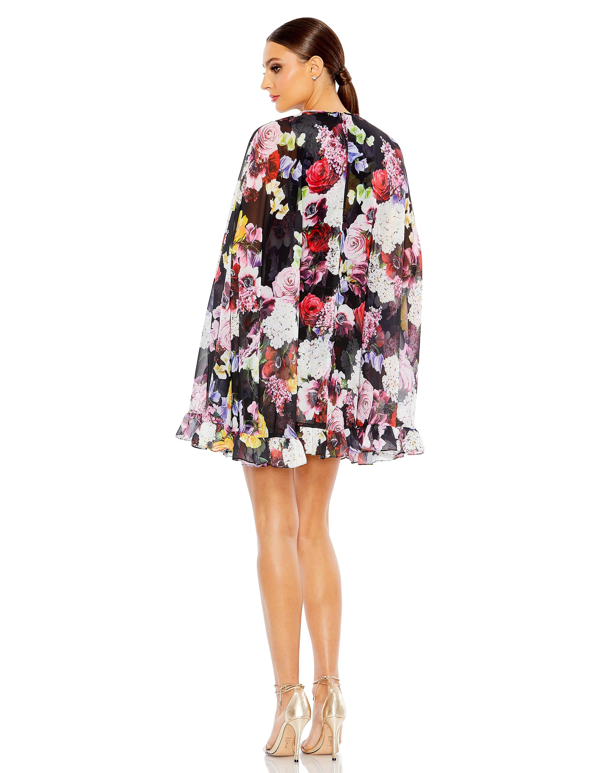 Floral Print High Neck Ruffle Hem Cape Mini Dress