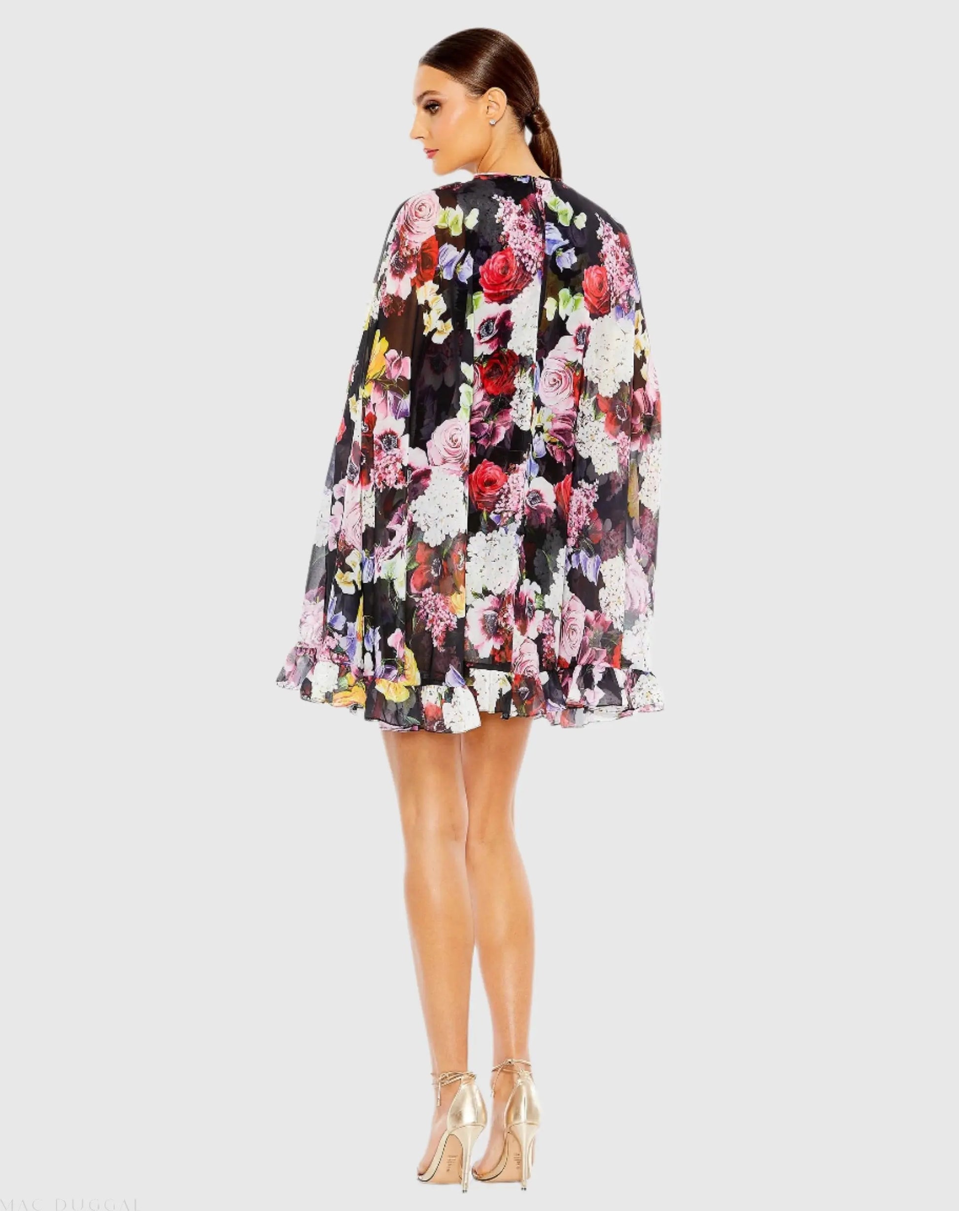 Black Multicolor Floral Print High Neck Ruffle Hem Cape Mini Dress - Mac Duggal