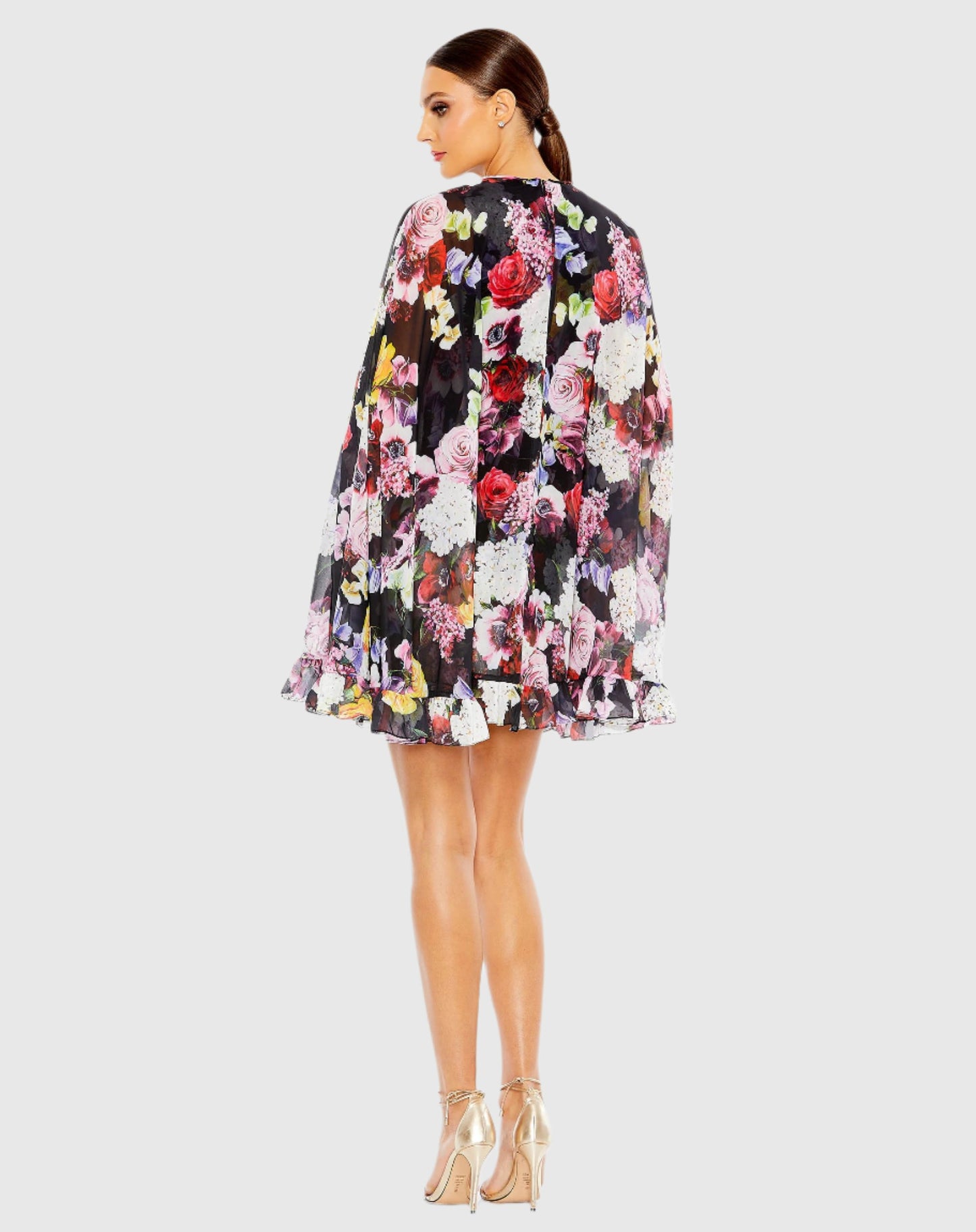 Floral Print High Neck Ruffle Hem Cape Mini Dress