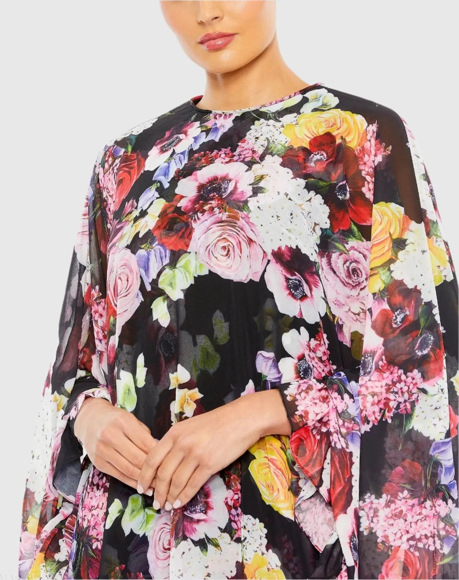 Black Multicolor Floral Print High Neck Ruffle Hem Cape Mini Dress - Mac Duggal