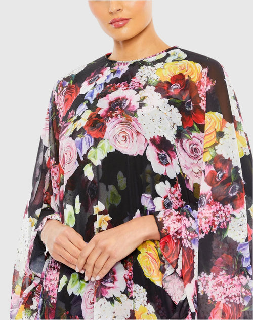 Floral Print High Neck Ruffle Hem Cape Mini Dress