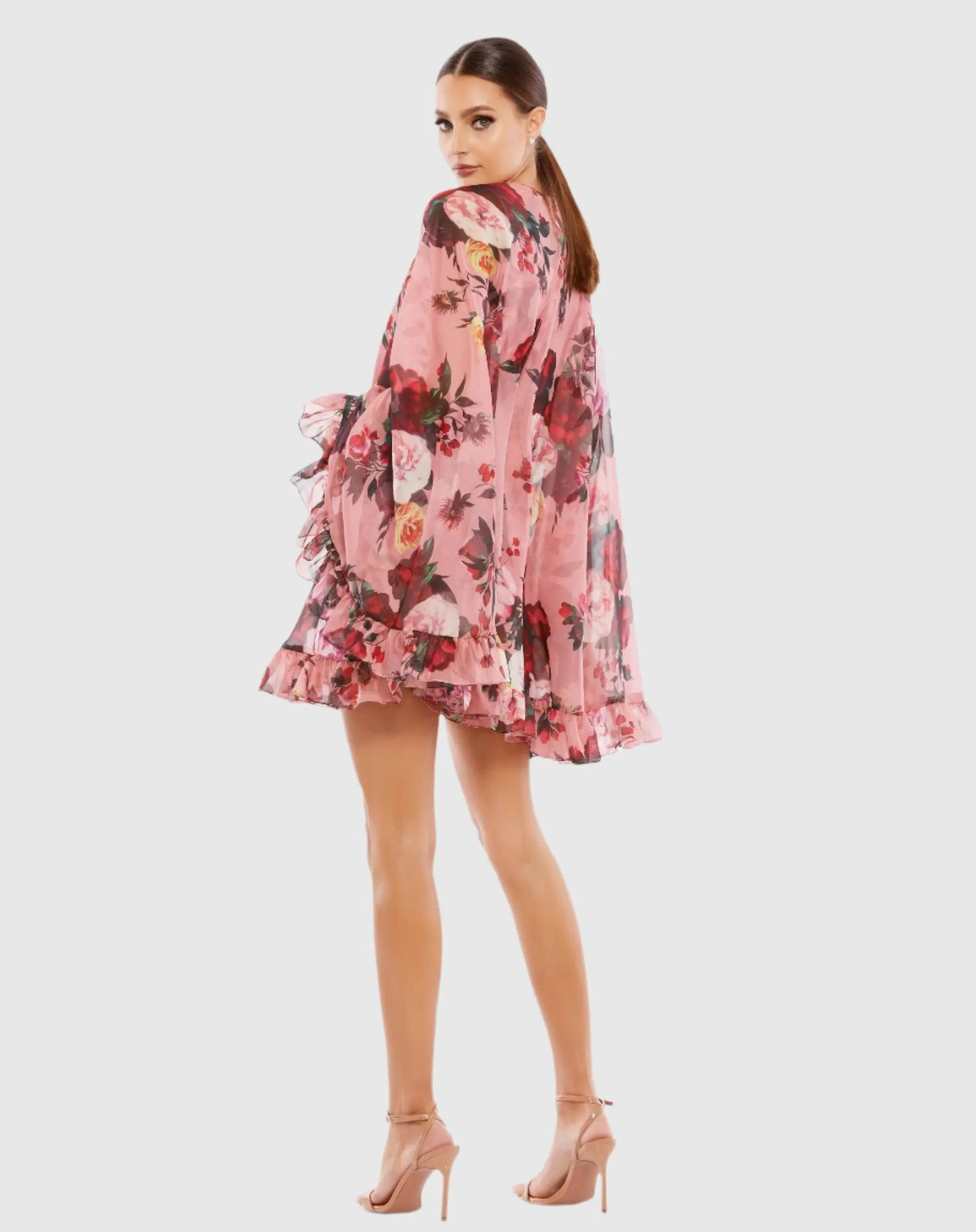 Pink Multicolor Floral Print High Neck Ruffle Hem Cape Mini Dress - Ieena for Mac Duggal